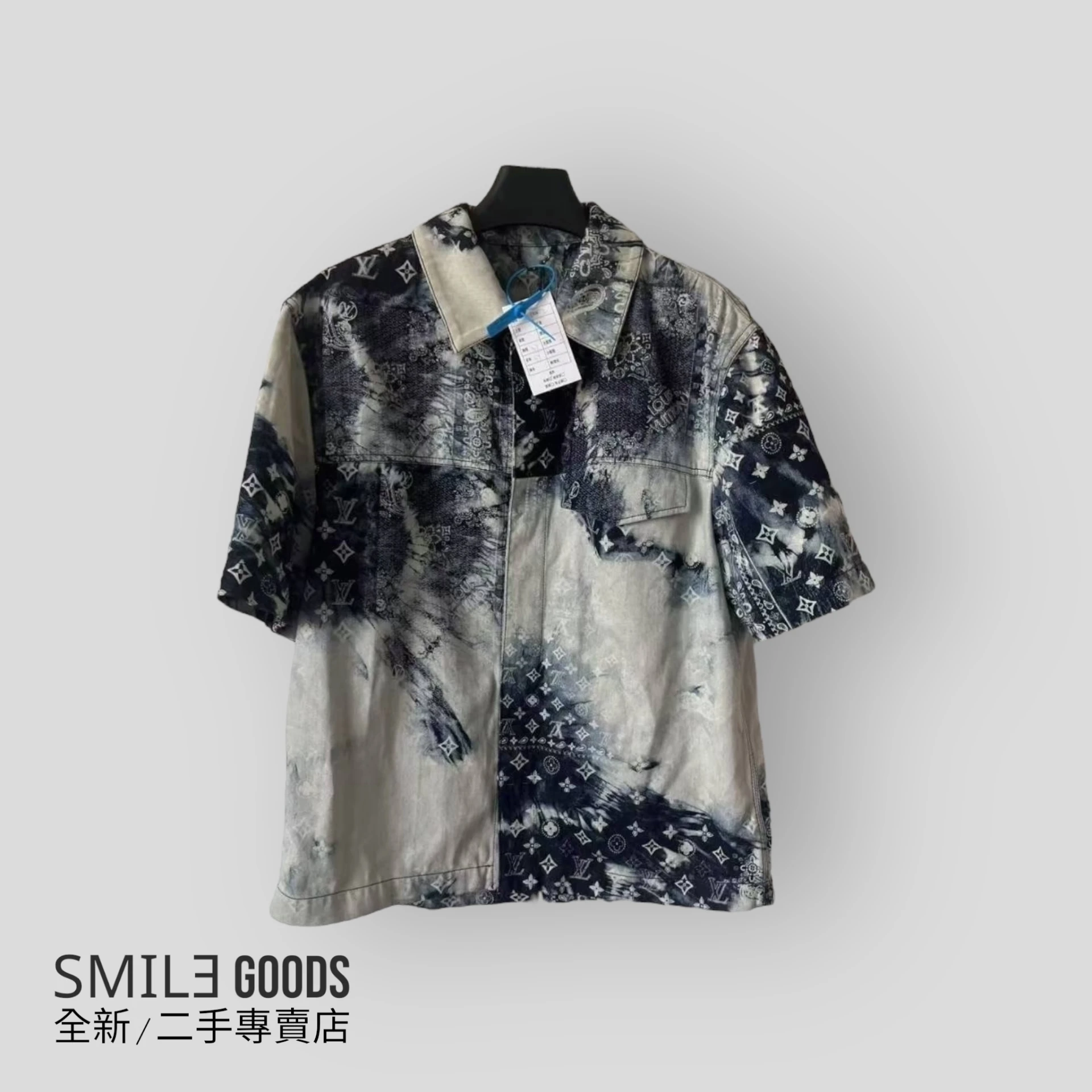 [SMILE]LOUIS VUITTON 牛仔腰果花扎染Logo印花短袖襯衫 男款 深藍色