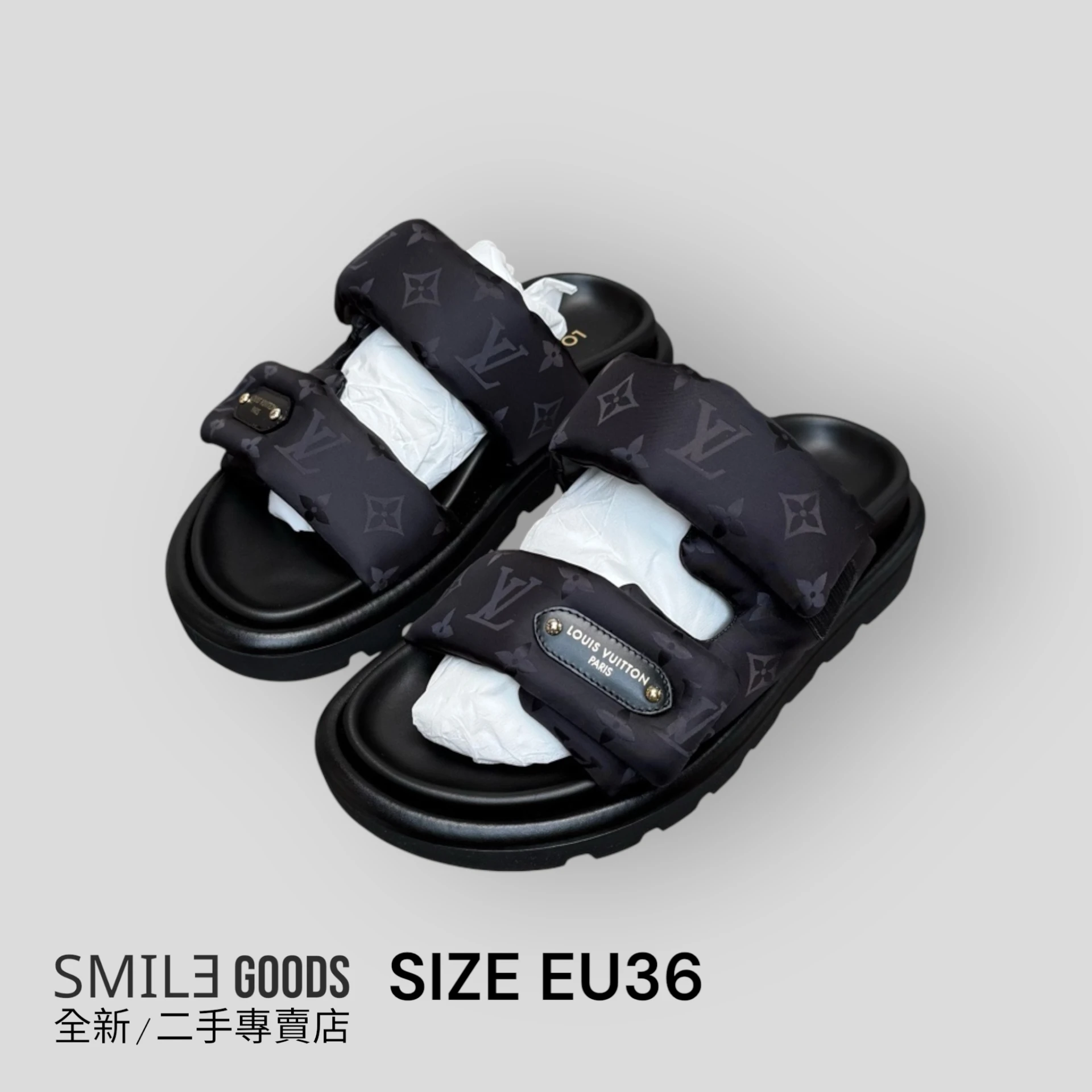 ［SMILE]LOUIS VUITTON 25新款黑老花滿logo綁帶魔鬼氈拖鞋