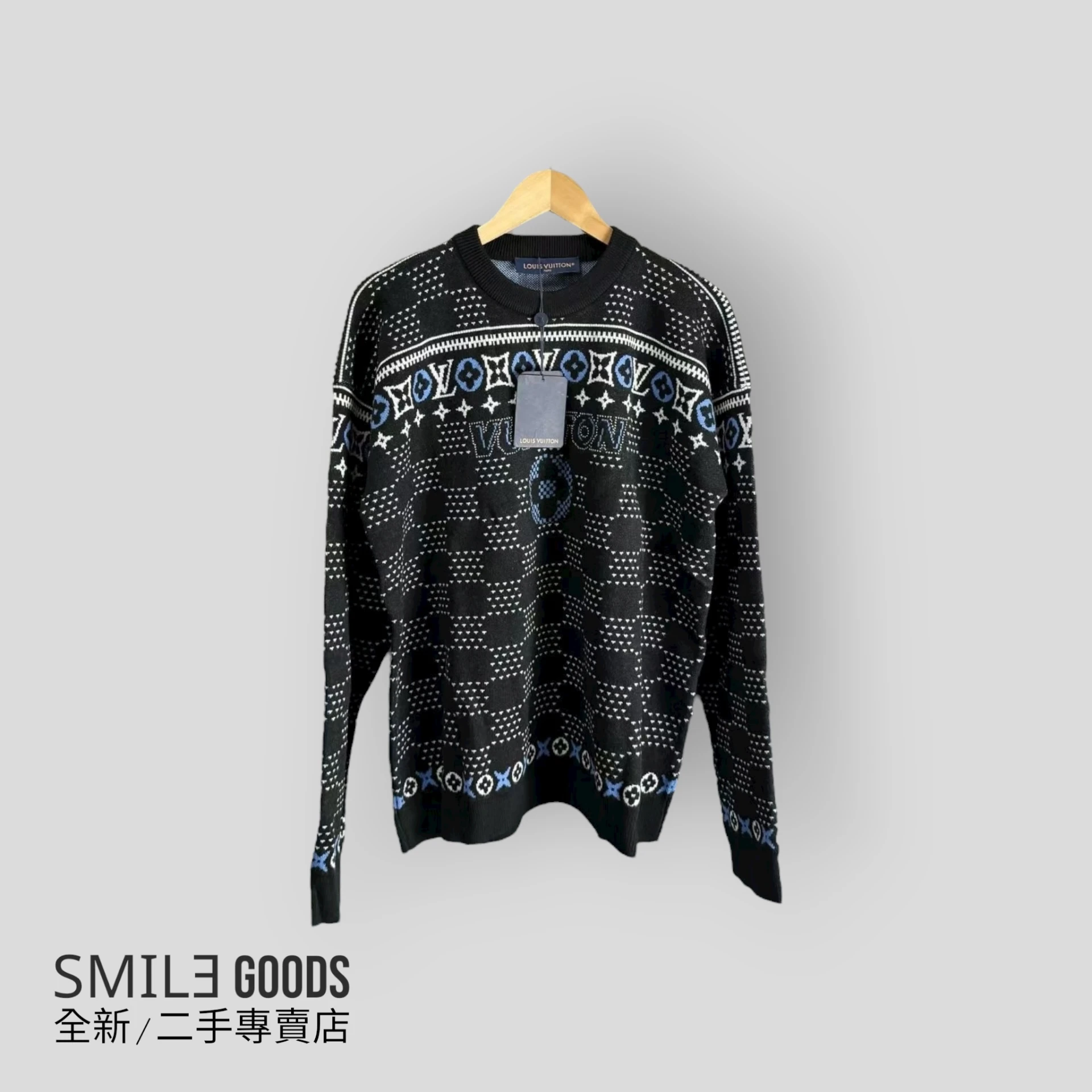 [SMILE] Louis Vuitton LV黑藍滿logo格紋滑雪毛衣