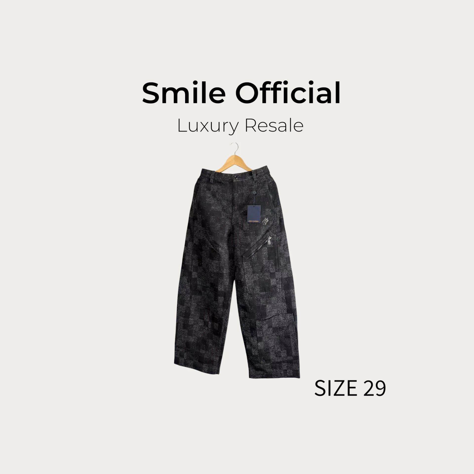 [SMILE] Louis Vuitton LV黑色棋盤格珠皮呢拉鍊牛仔褲