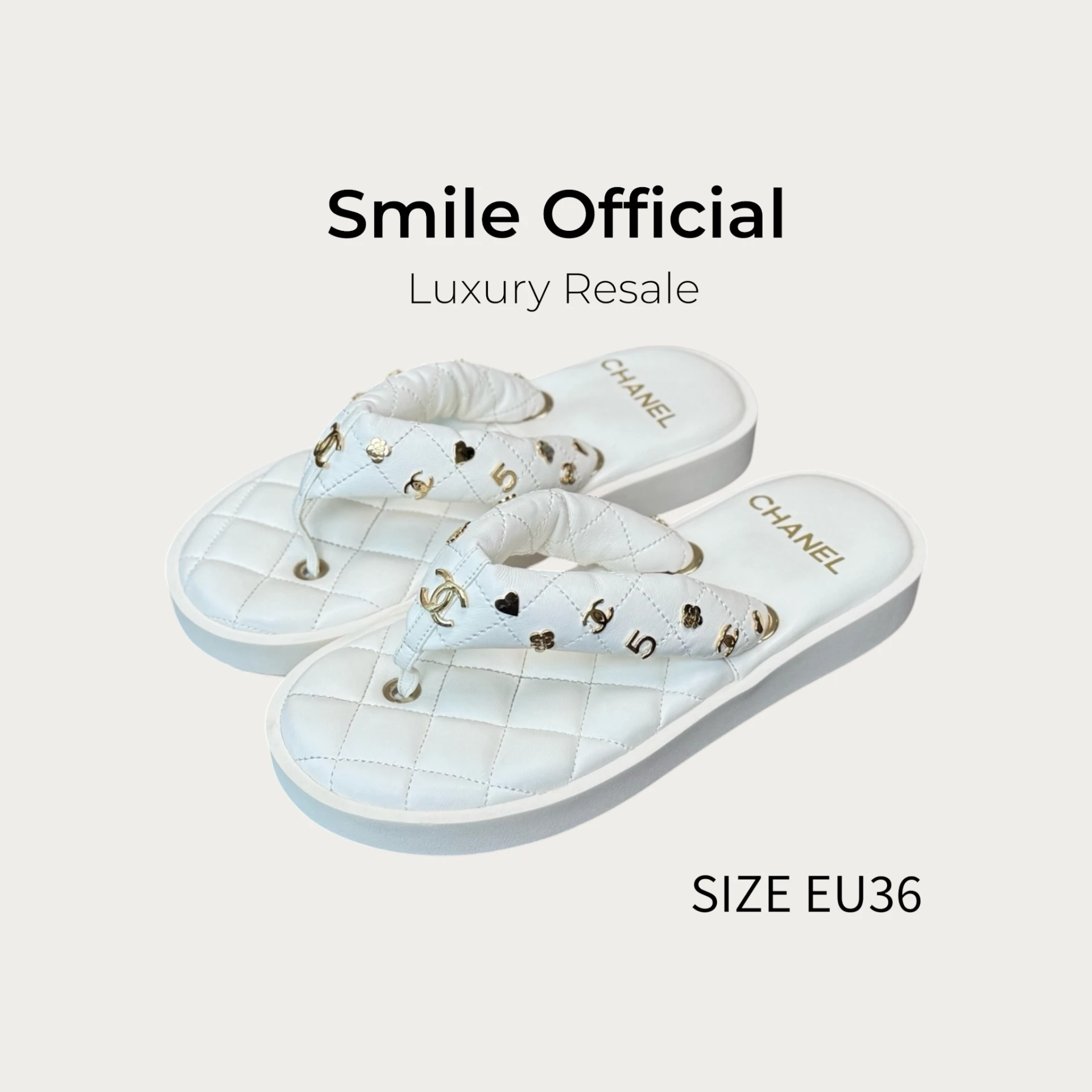 [SMILE] CHANEL 香奈兒 23P 白色羊皮菱格紋麵包人字拖