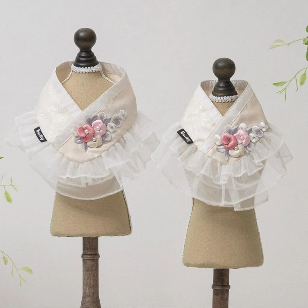 BAILEY 珍珠白繡花蕾絲韓服領巾
