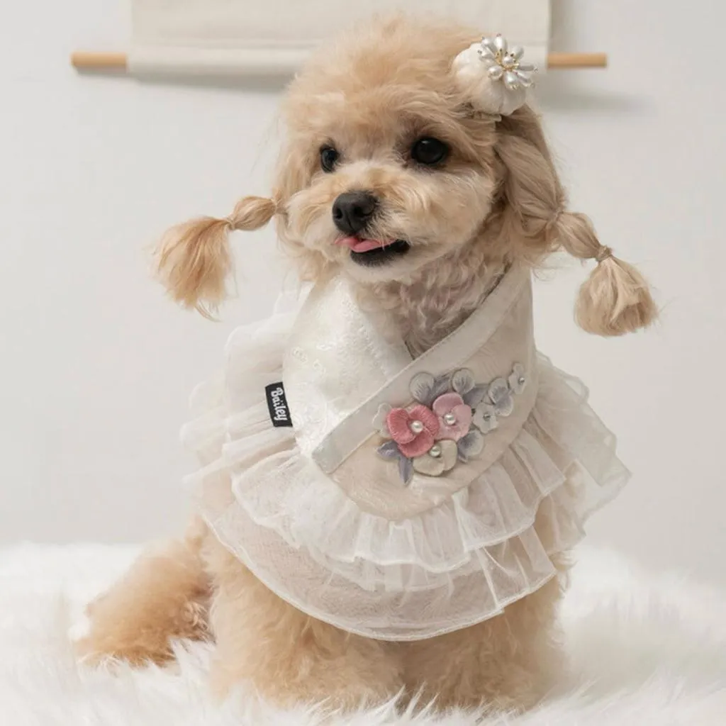 BAILEY 珍珠白繡花蕾絲韓服領巾