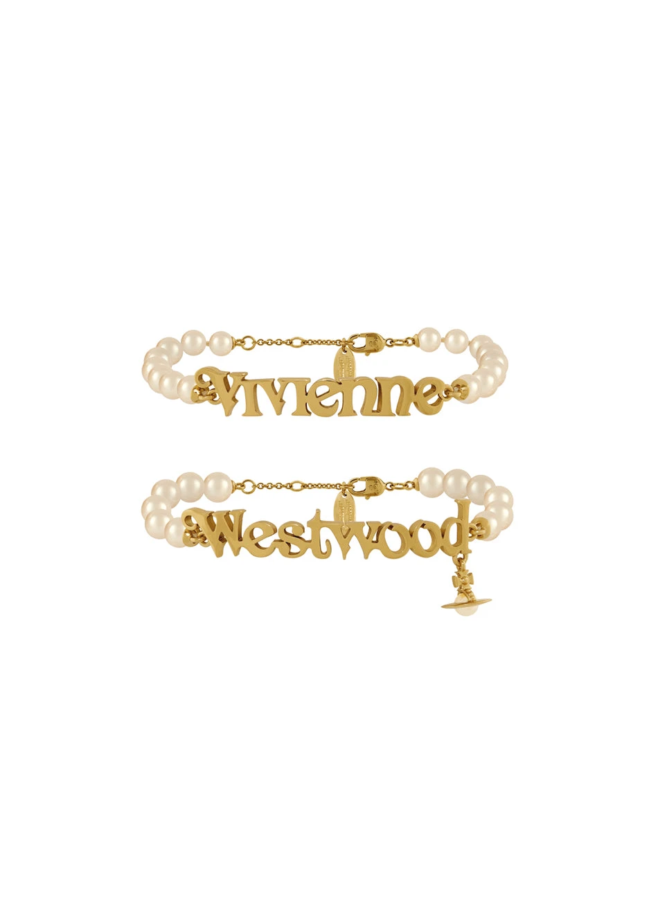 VIVIENNE WESTWOOD*預購*Amelia Bracelet LOGO字樣 珍珠手鍊 1組2入 金色 銀色
