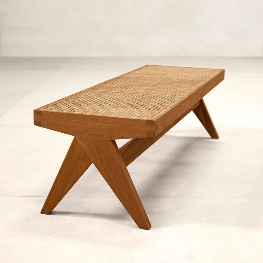 Pierre Jeanneret Teak and Cane Bench - Phantom Hands