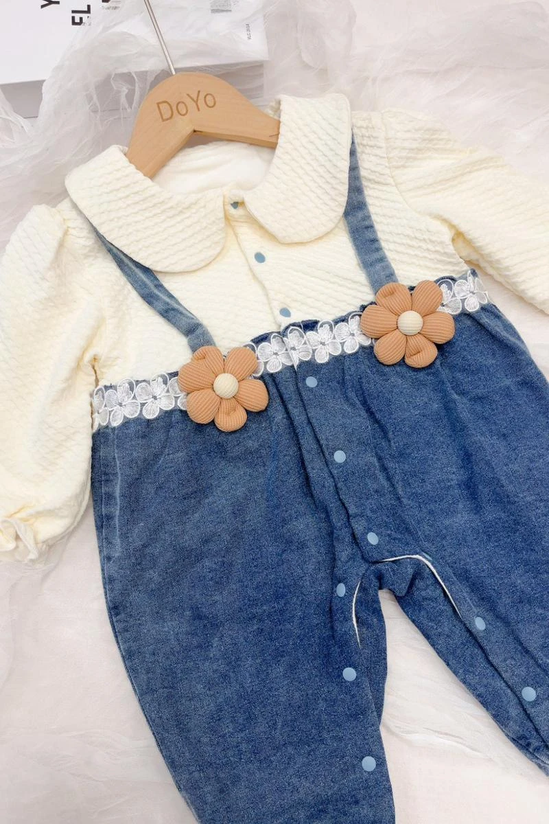 牛仔花花假兩件爬服