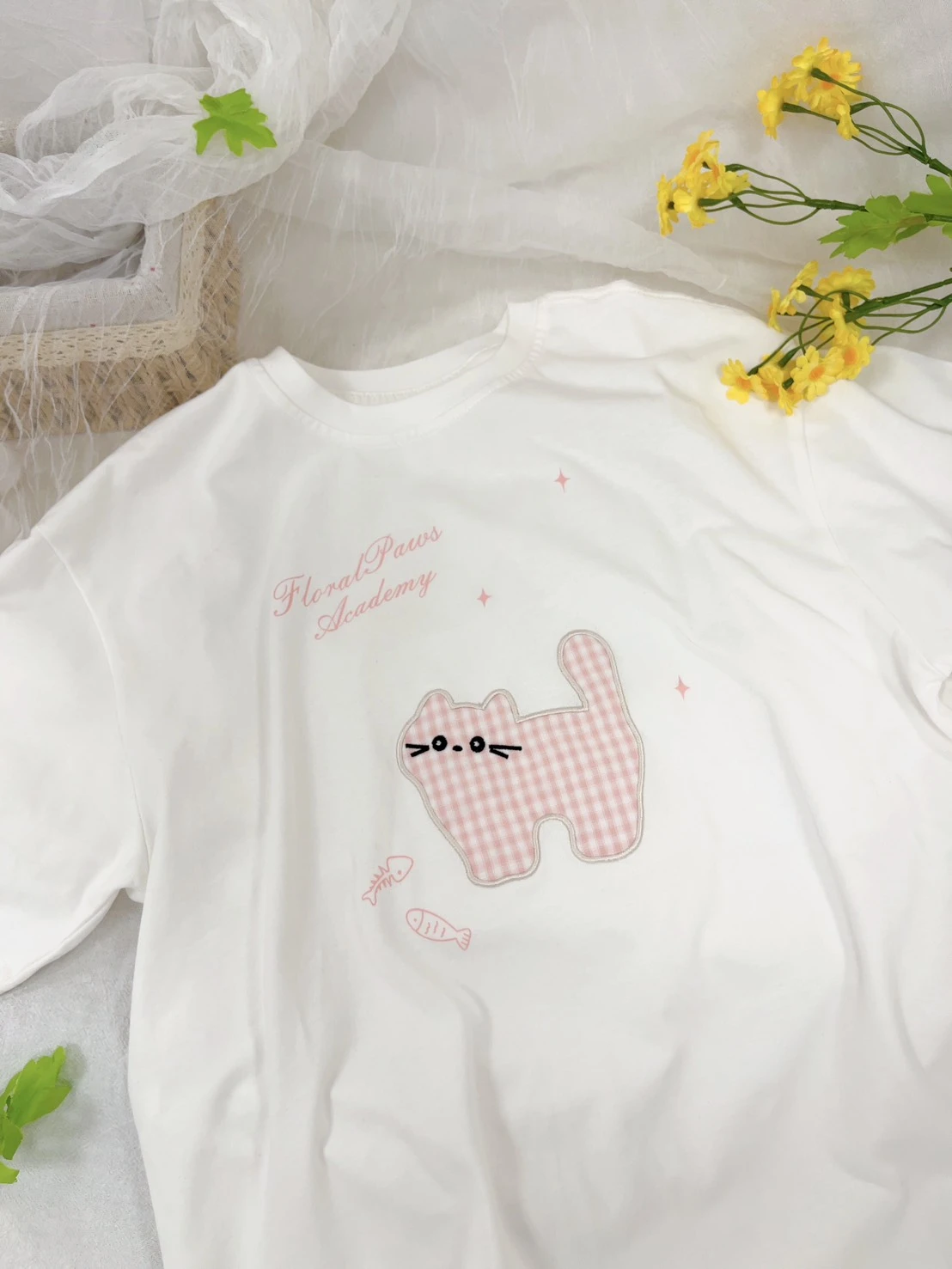 格紋貓咪布標T