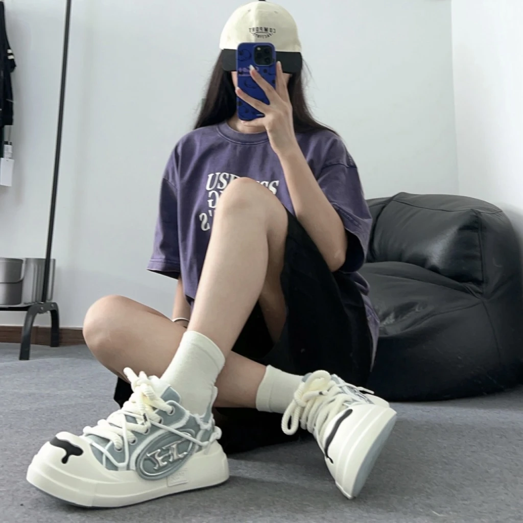 H52 開口笑 圈圈大頭鞋 厚底復古帆布鞋 牛仔藍