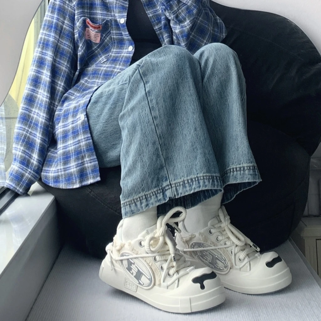 H52 開口笑 圈圈大頭鞋 厚底復古帆布鞋 奶油白