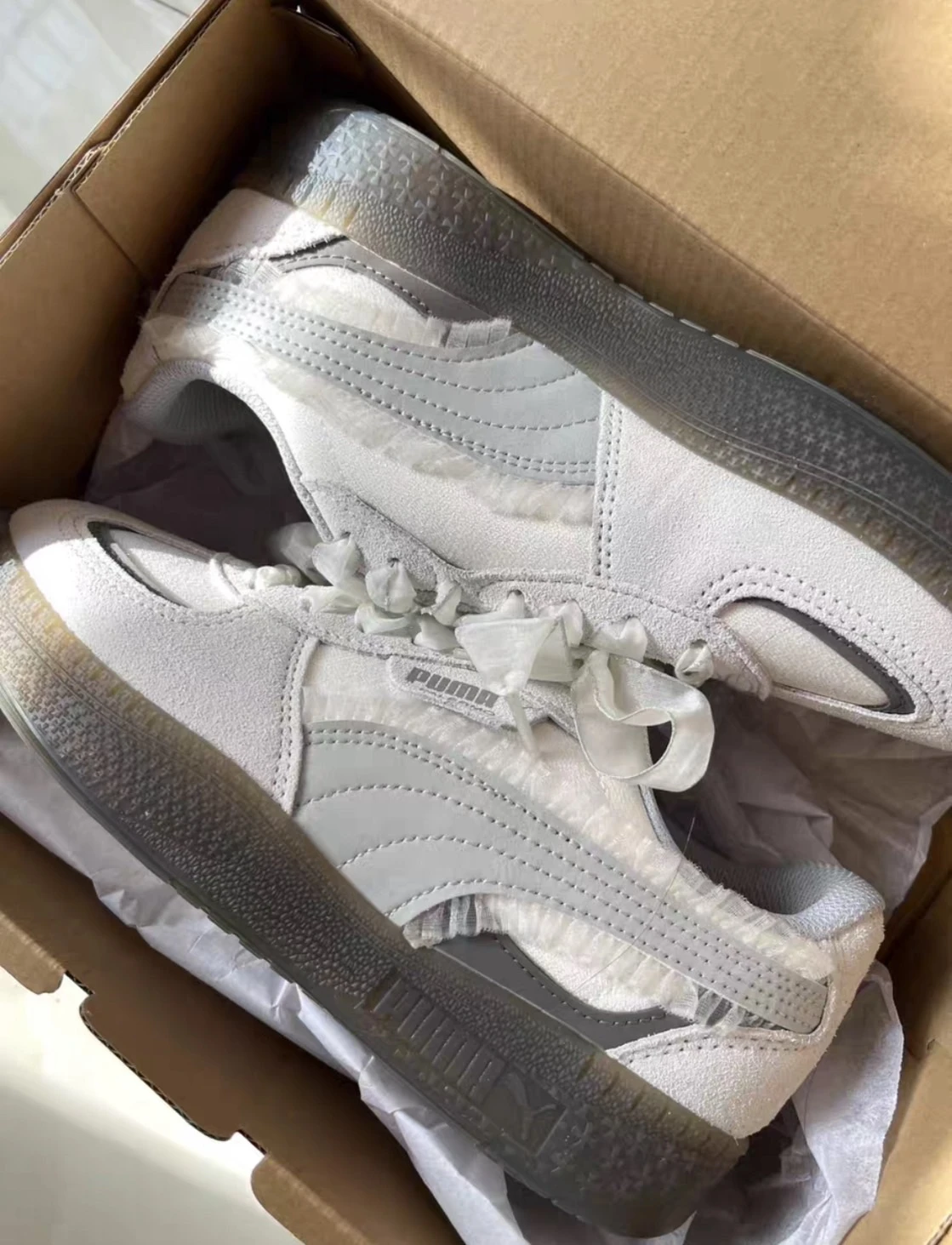 PUMA PALERMO 芭蕾風 緞帶蕾絲麂皮灰厚底德訓鞋