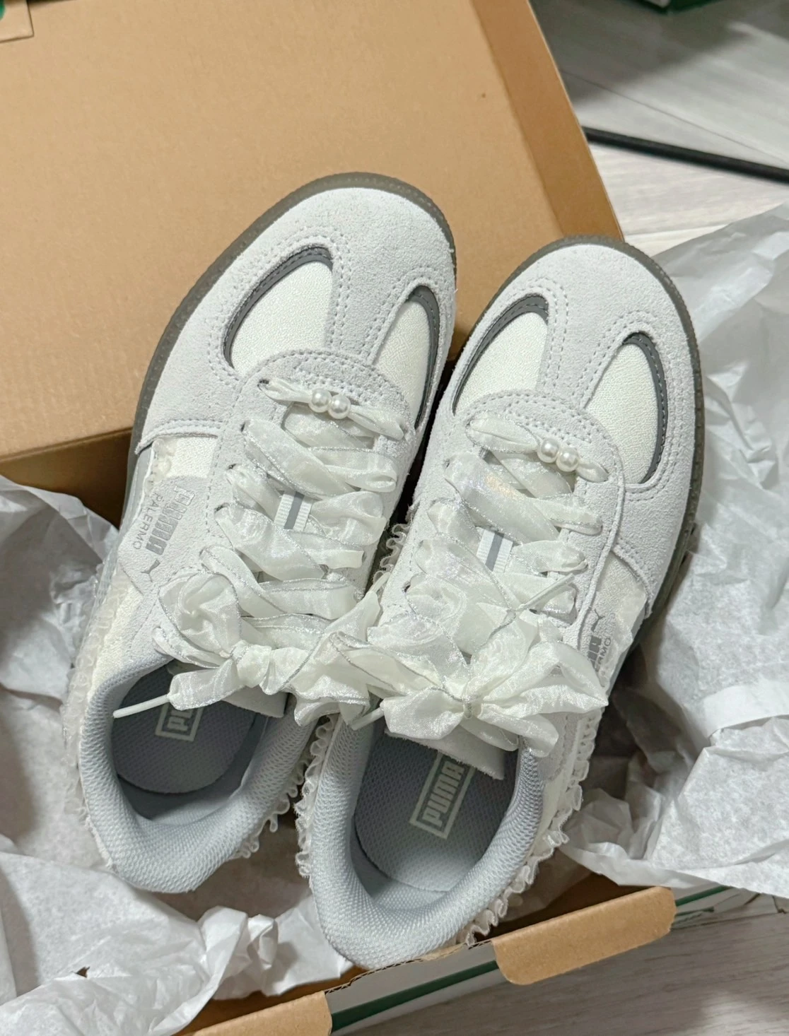 PUMA PALERMO 芭蕾風 緞帶蕾絲麂皮灰厚底德訓鞋