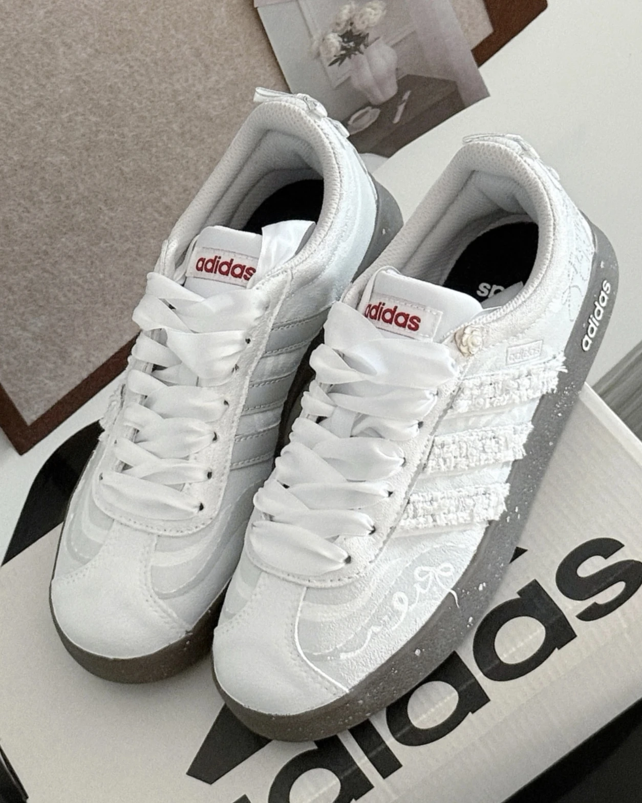 <訂製款> ADIDAS NEO VL COURT 山茶花 蕾絲緞帶 流蘇邊
