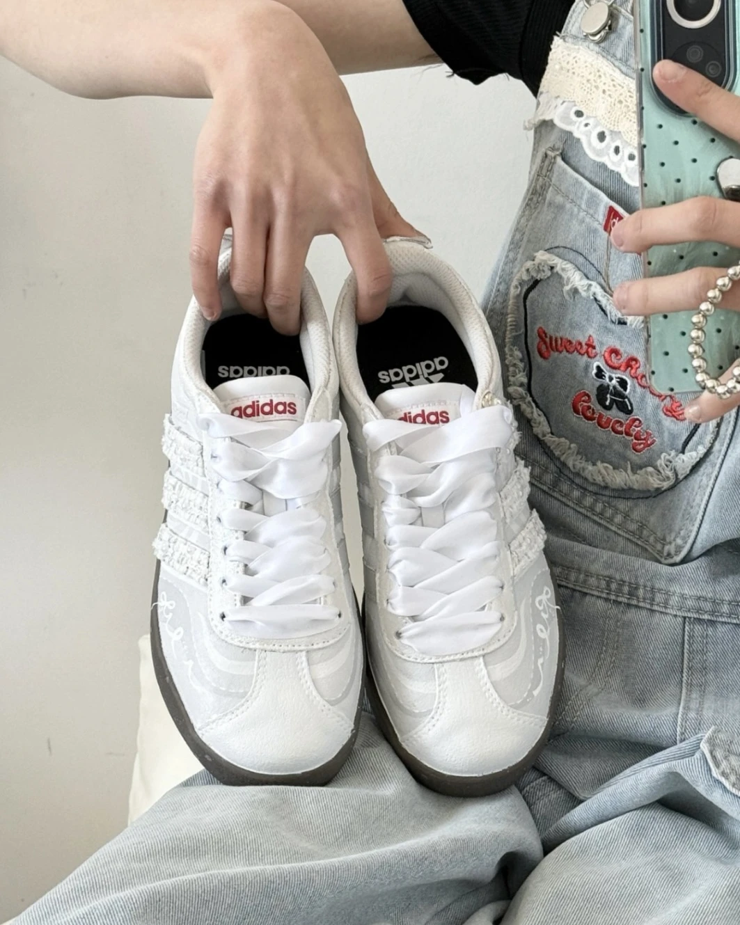 <訂製款> ADIDAS NEO VL COURT 山茶花 蕾絲緞帶 流蘇邊