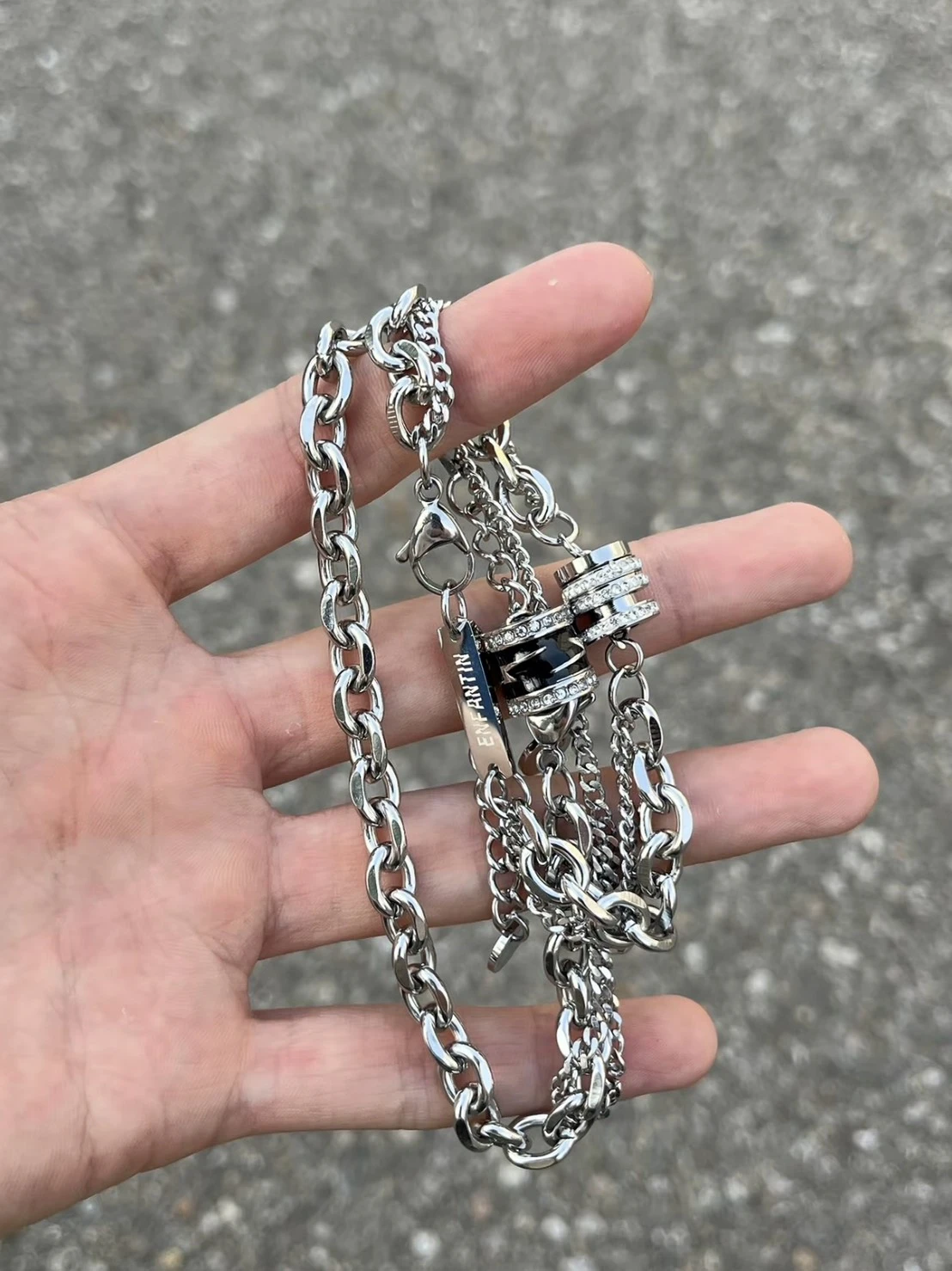 <浪漫組合>ENFANTIN 小閃電雙層古巴鍊 鑲鑽 情侶款 對鍊
