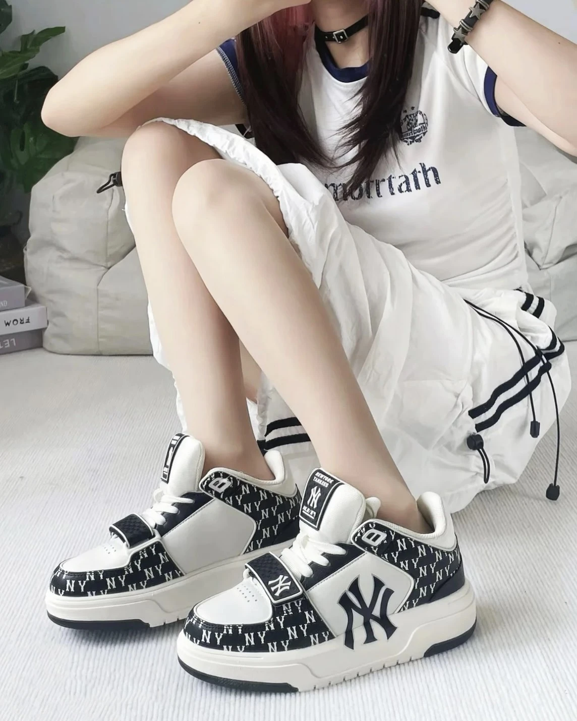 MLB Chunky Liner 紐約洋基隊 時尚黑 反光 牛仔丹寧 學長鞋(3ASXLM13N-50BKS)