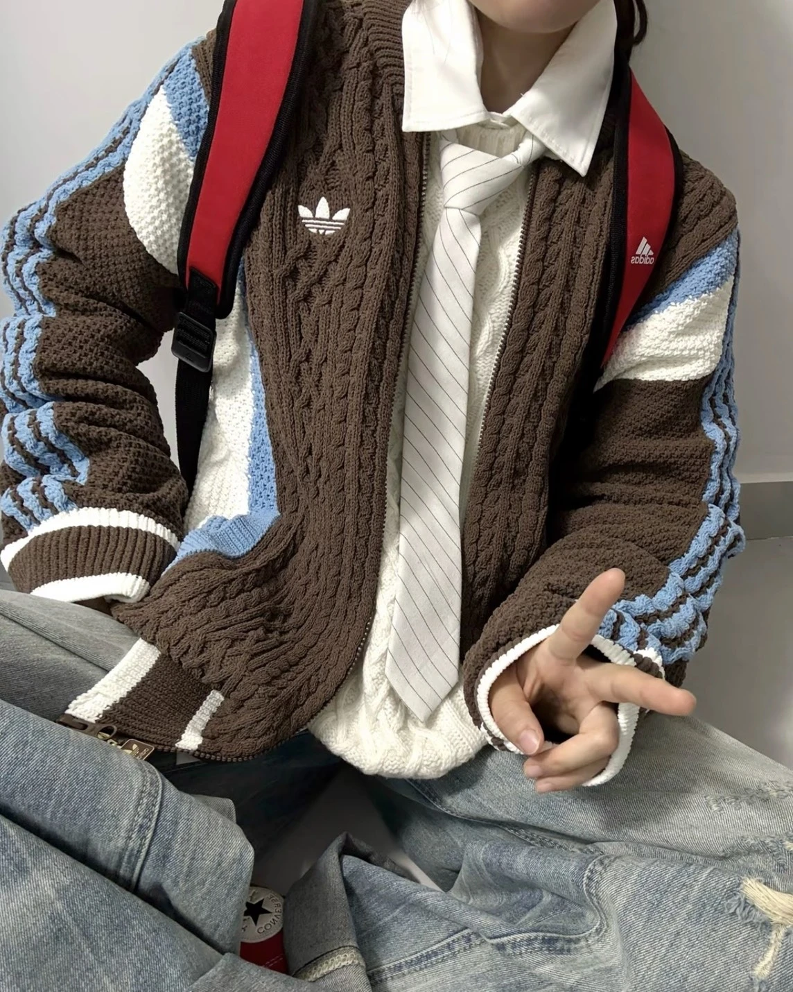 ADIDAS ORIGINALS CARDIGAN FW25 復古撞色 海鹽可可 針織 雙拉鍊 毛衣外套(KS5963)