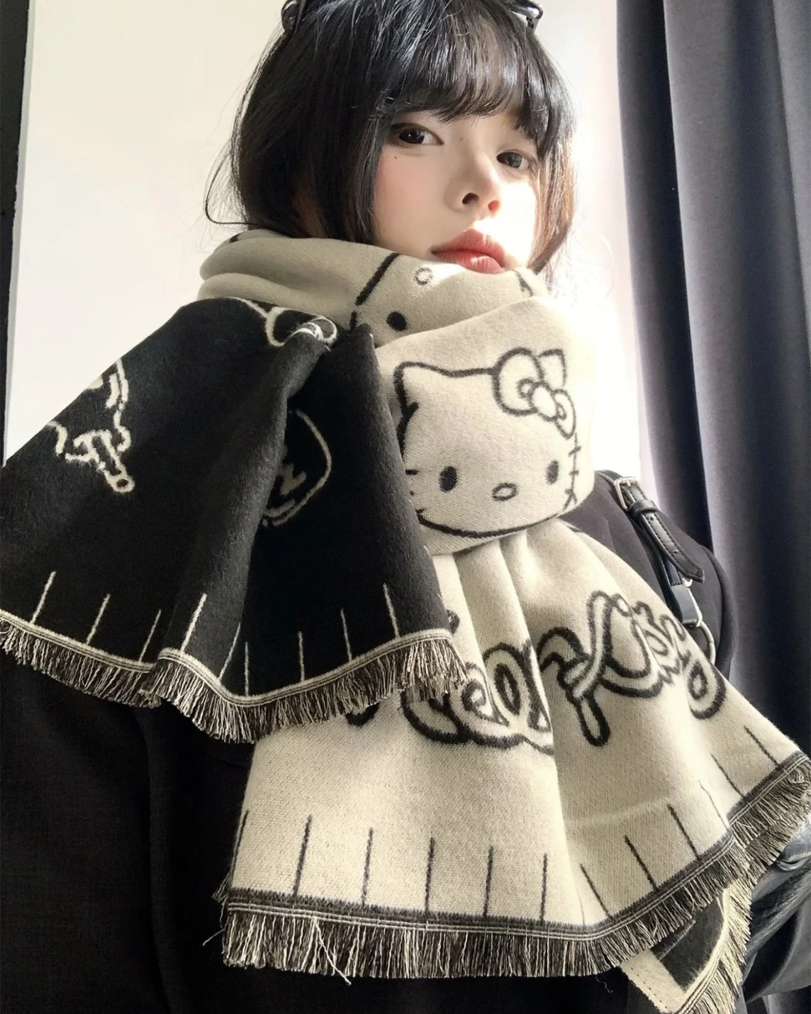 <正版授權>Hello Kitty 可愛雙面 撞色 針織 保暖圍巾