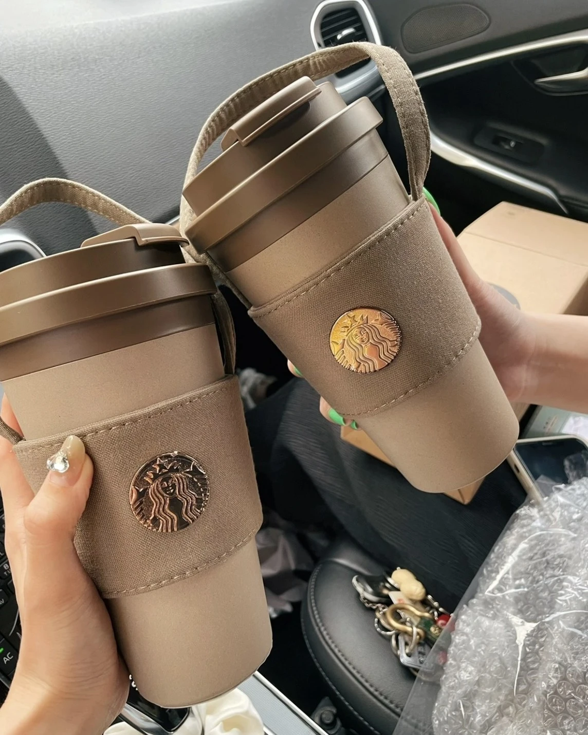 STARBUCKS 星巴克 雙層隨行杯 咖啡色 附杯套 473ML