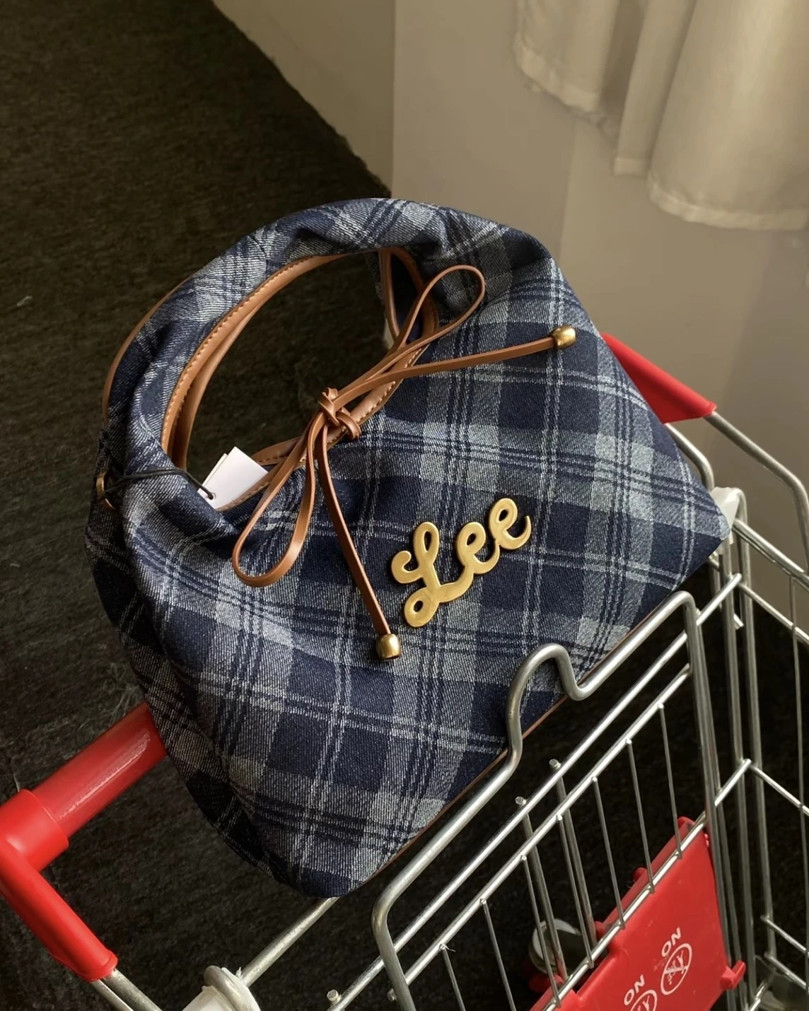 <🇰🇷韓味十足>Lee 復古風 深藍 菱格紋 蝴蝶結 便當包