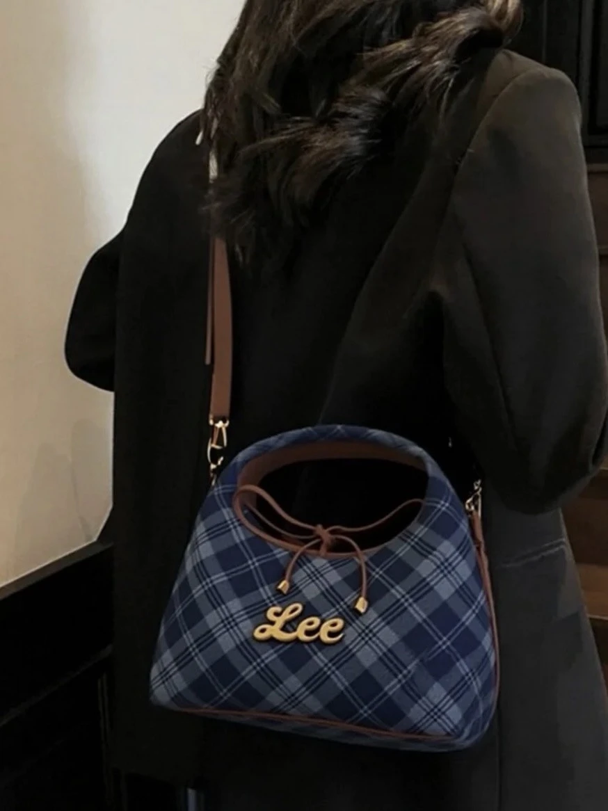 <🇰🇷韓味十足>Lee 復古風 深藍 菱格紋 蝴蝶結 便當包