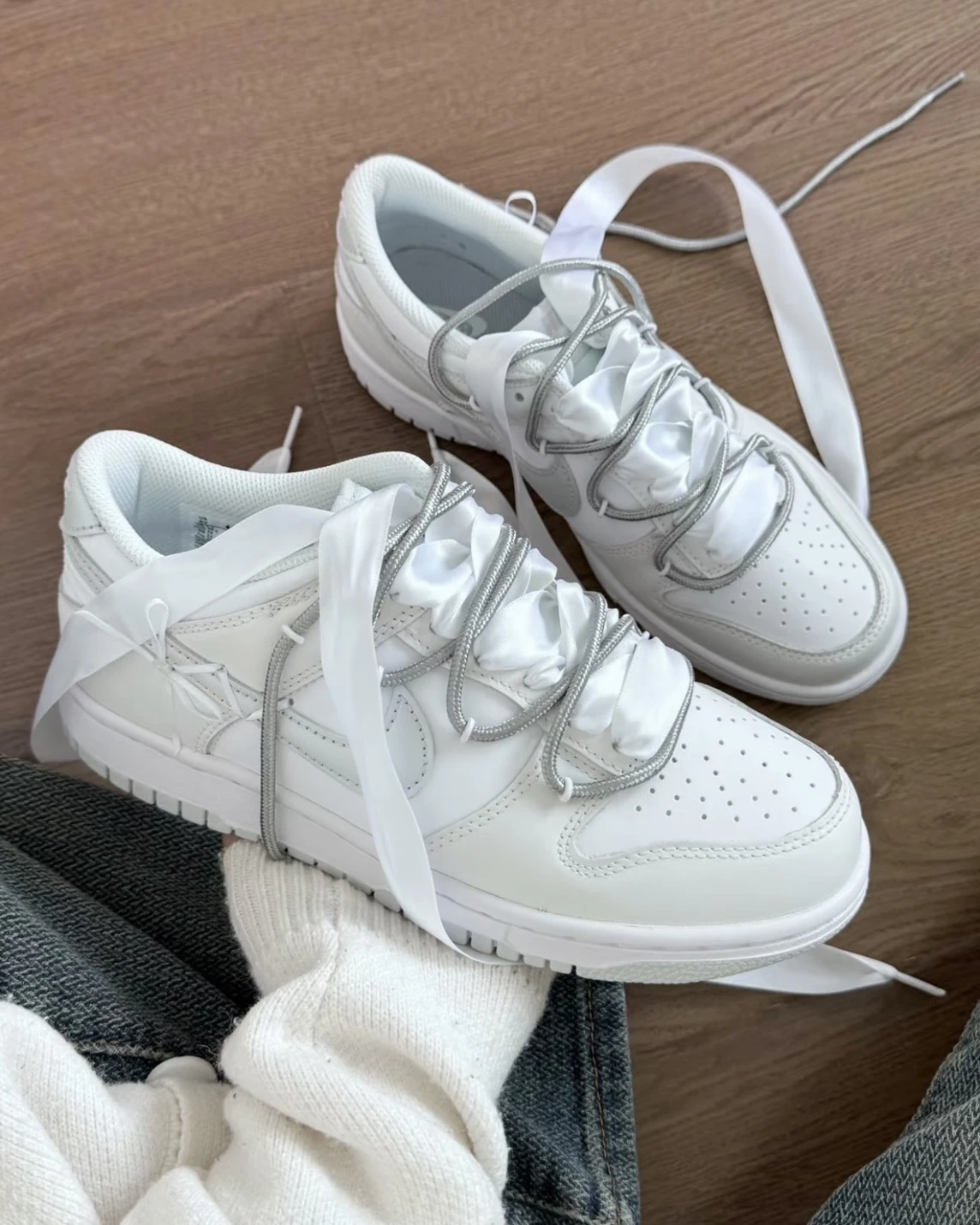 NIKE DUNK LOW GS 訂製款 白銀芭蕾 灰白 蝴蝶結(DD1503-103)