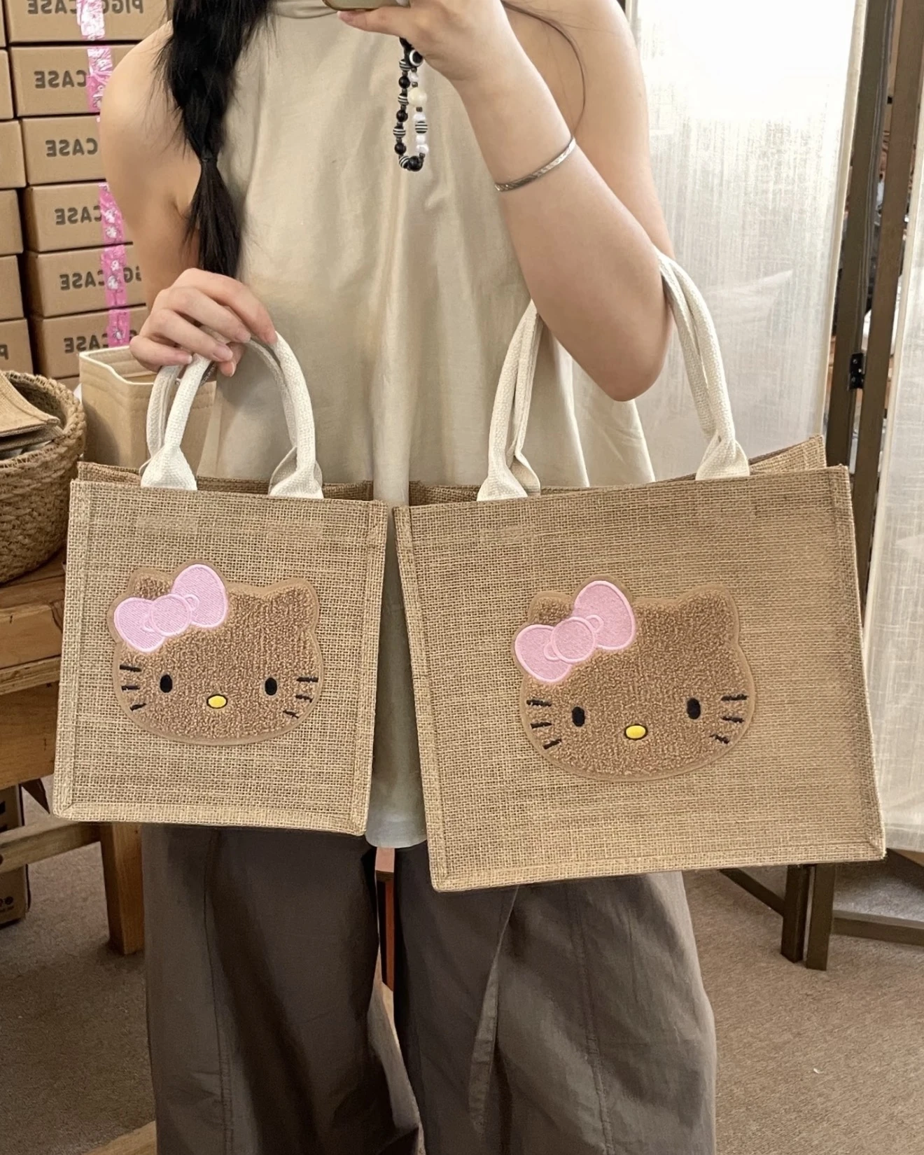<可愛收納> 黑皮Kitty復古編織麻布包 大容量 編織包 小號 大號