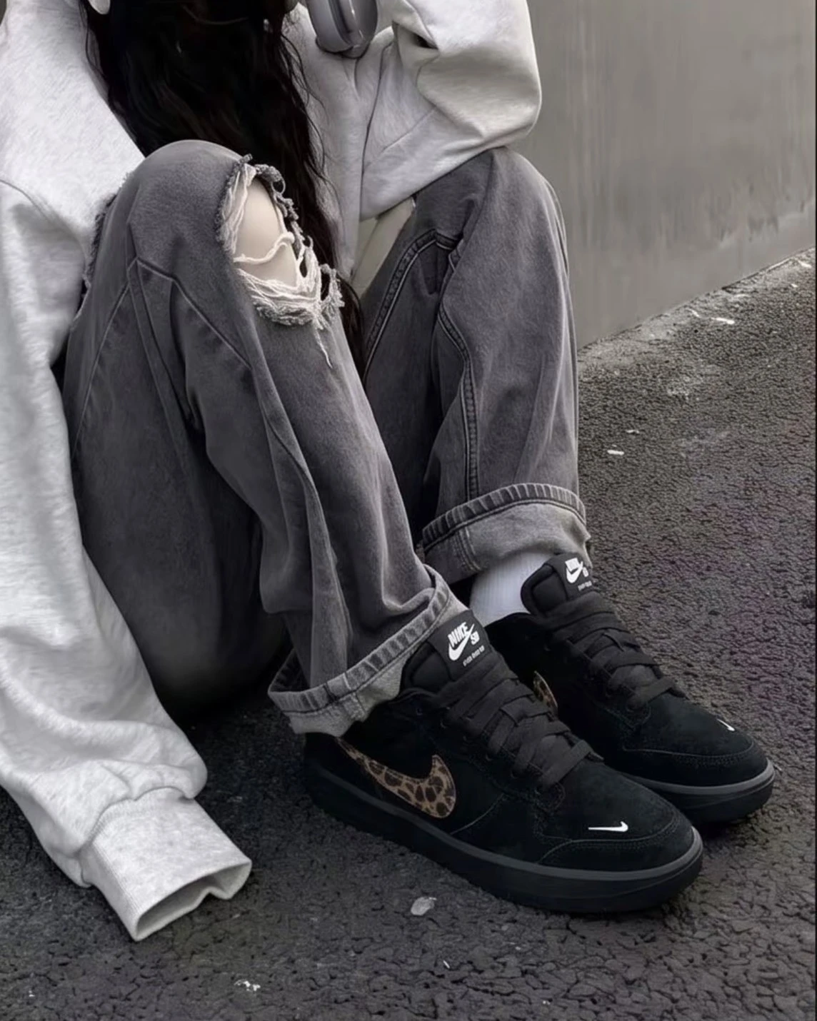 NIKE SB FORCE 58 豹紋大勾 千禧酷黑滑板鞋 復古百搭男女鞋 情人款