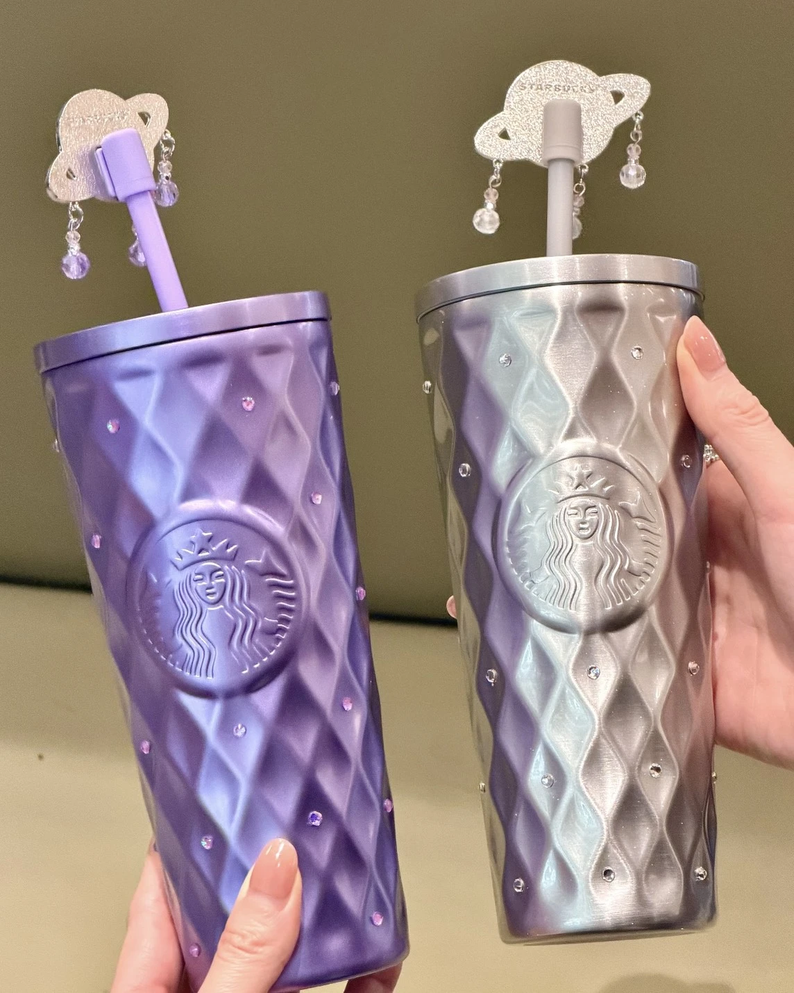 STARBUCKS星巴克 紫夜星河系列 貼鑽菱格紋吸管杯 星空杯 兩款可選 600ml