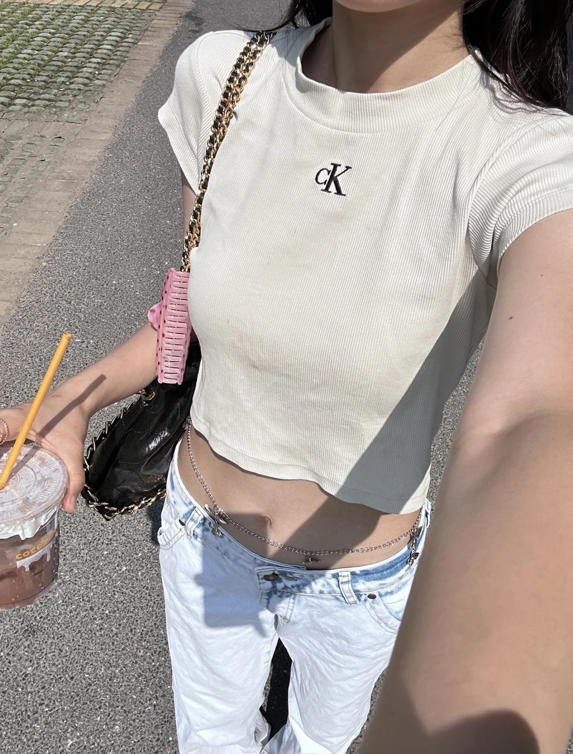 <Jennie同款>CALVIN KLEIN 刺繡螺紋 短款 圓領短袖T恤