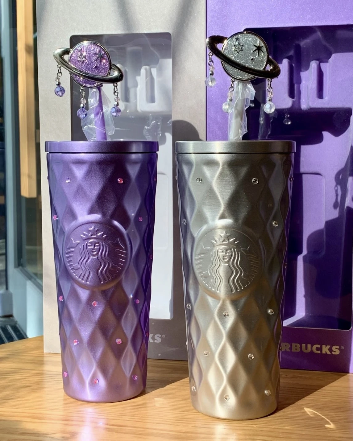 STARBUCKS星巴克 紫夜星河系列 貼鑽菱格紋吸管杯 星空杯 兩款可選 600ml
