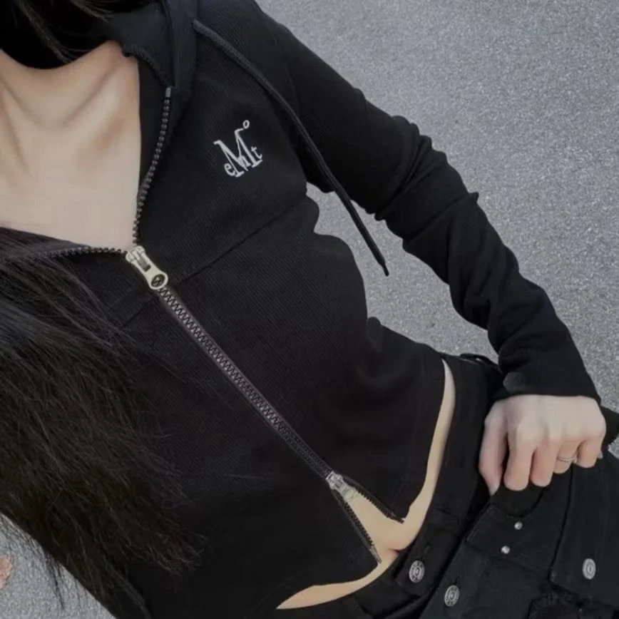 <韓國連線代購>MUCENT 螺紋針織 雙拉鍊 短版外套 黑色 白色