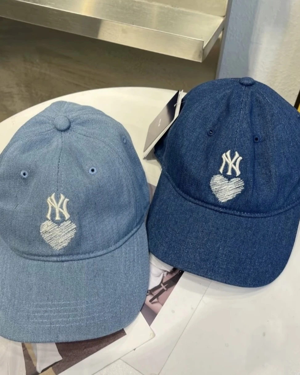 MLB 丹寧 刺繡愛心 棒球帽 男女同款 情侶款 深藍/淺藍
