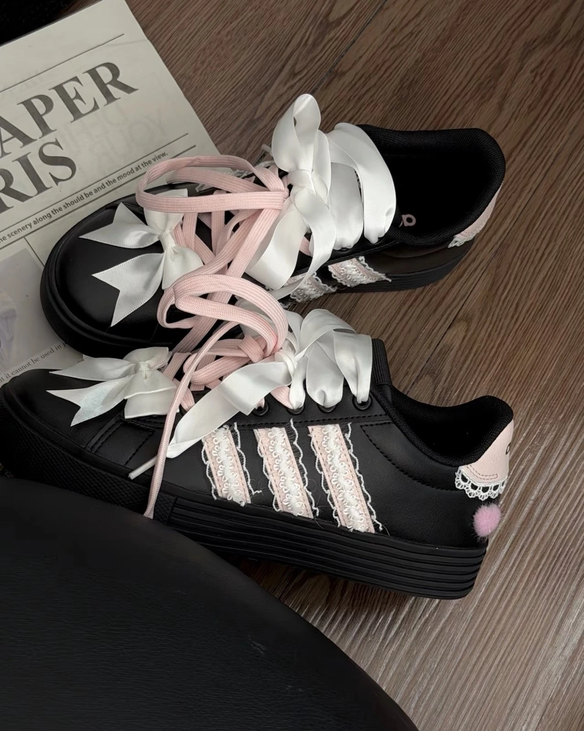 <訂製款>ADIDAS DAILY 4.0 暗黑桃心 黑粉 緞帶蝴蝶結(KH8004)
