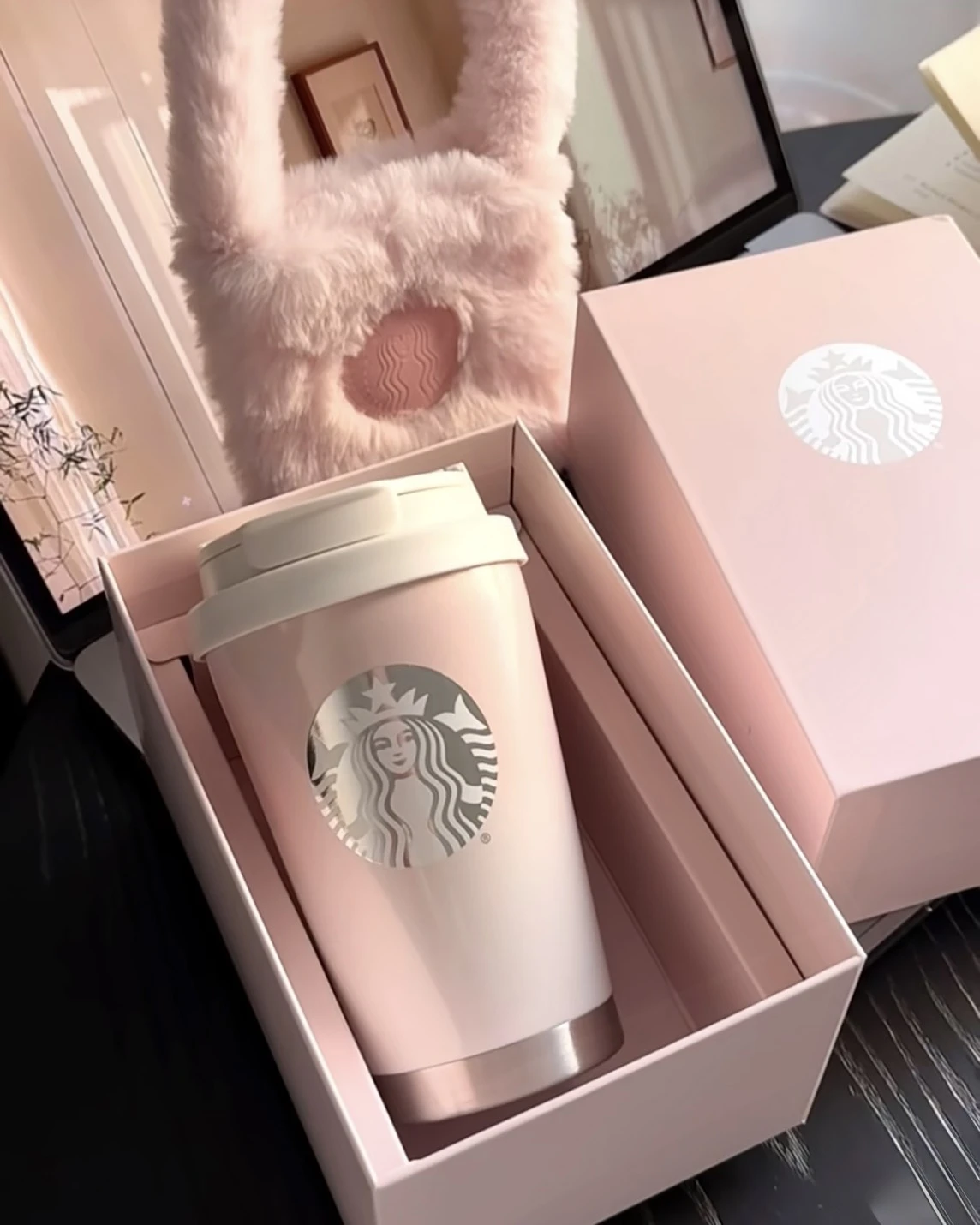 Starbucks 星巴克  漸變粉 隨行杯 毛毛 杯套 禮盒