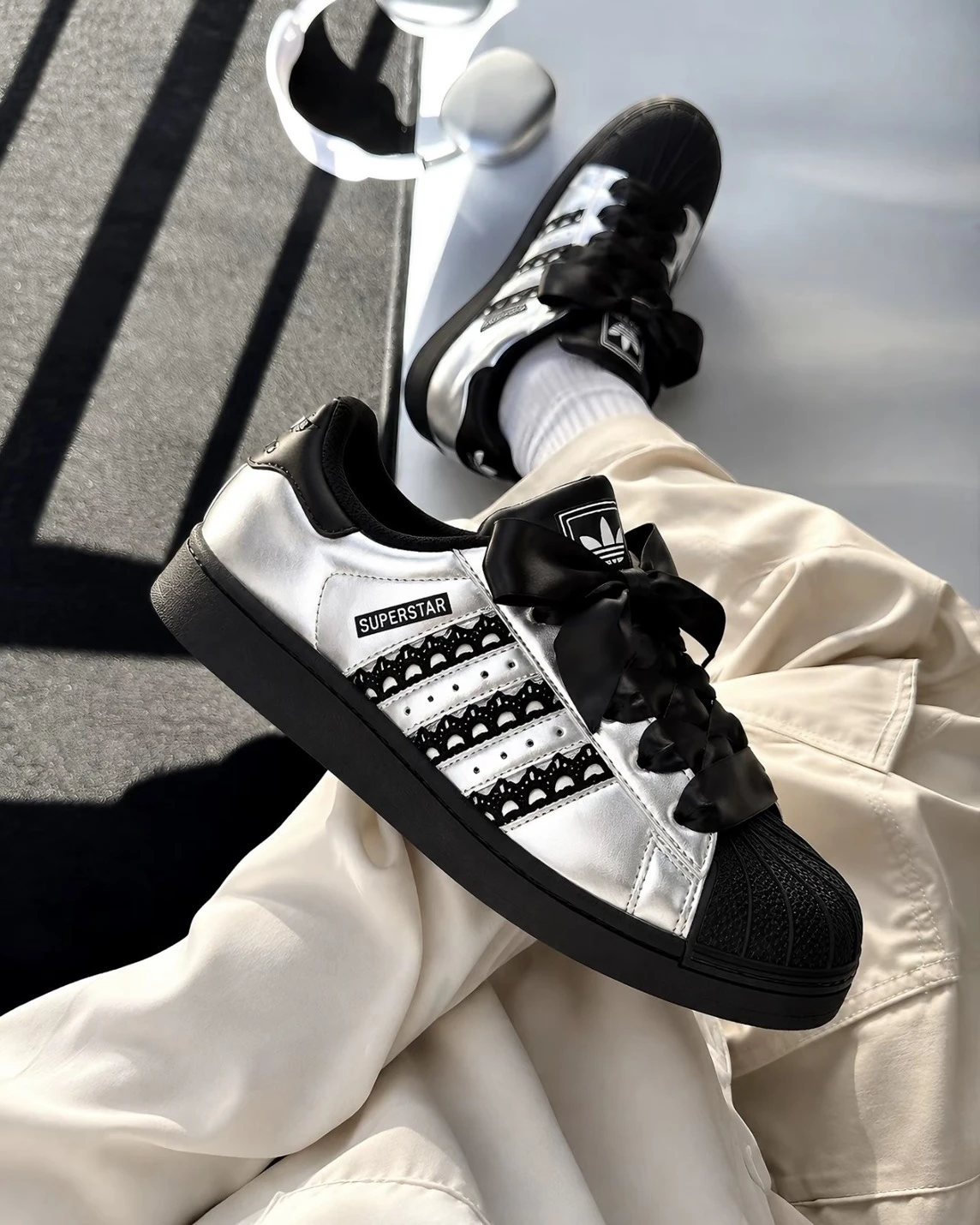 <訂製款>ADIDAS SUPERSTAR 2 銀黑 黑紗 韓系 蝴蝶結(JH9977)