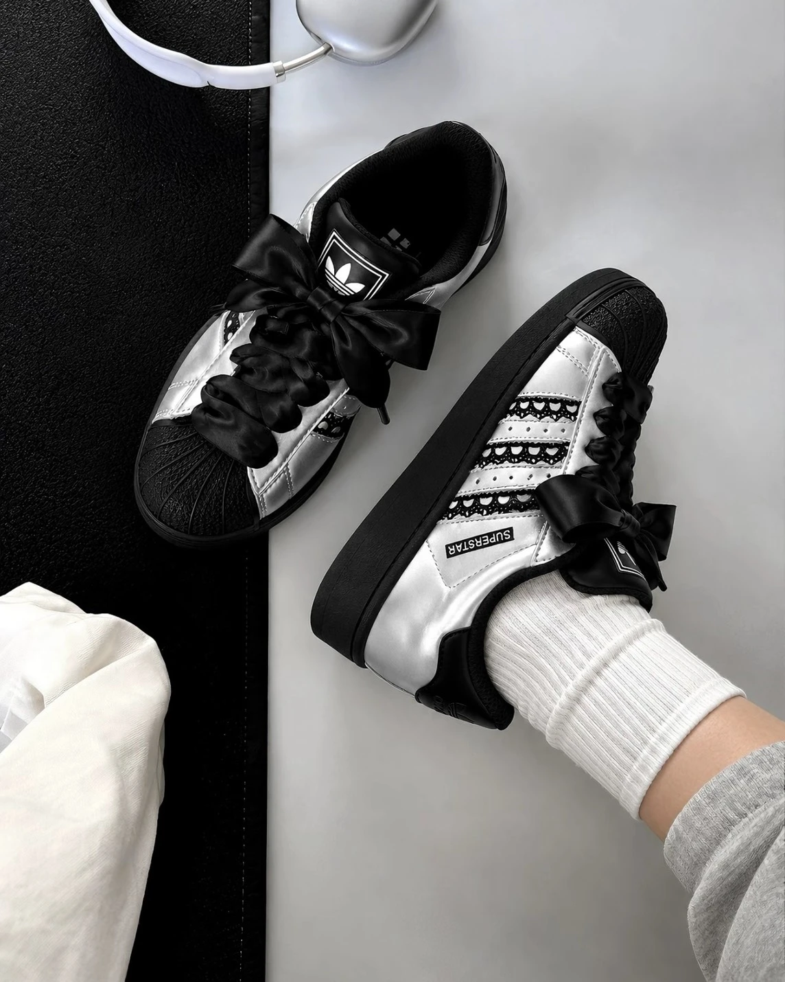 <訂製款>ADIDAS SUPERSTAR 2 銀黑 黑紗 韓系 蝴蝶結(JH9977)