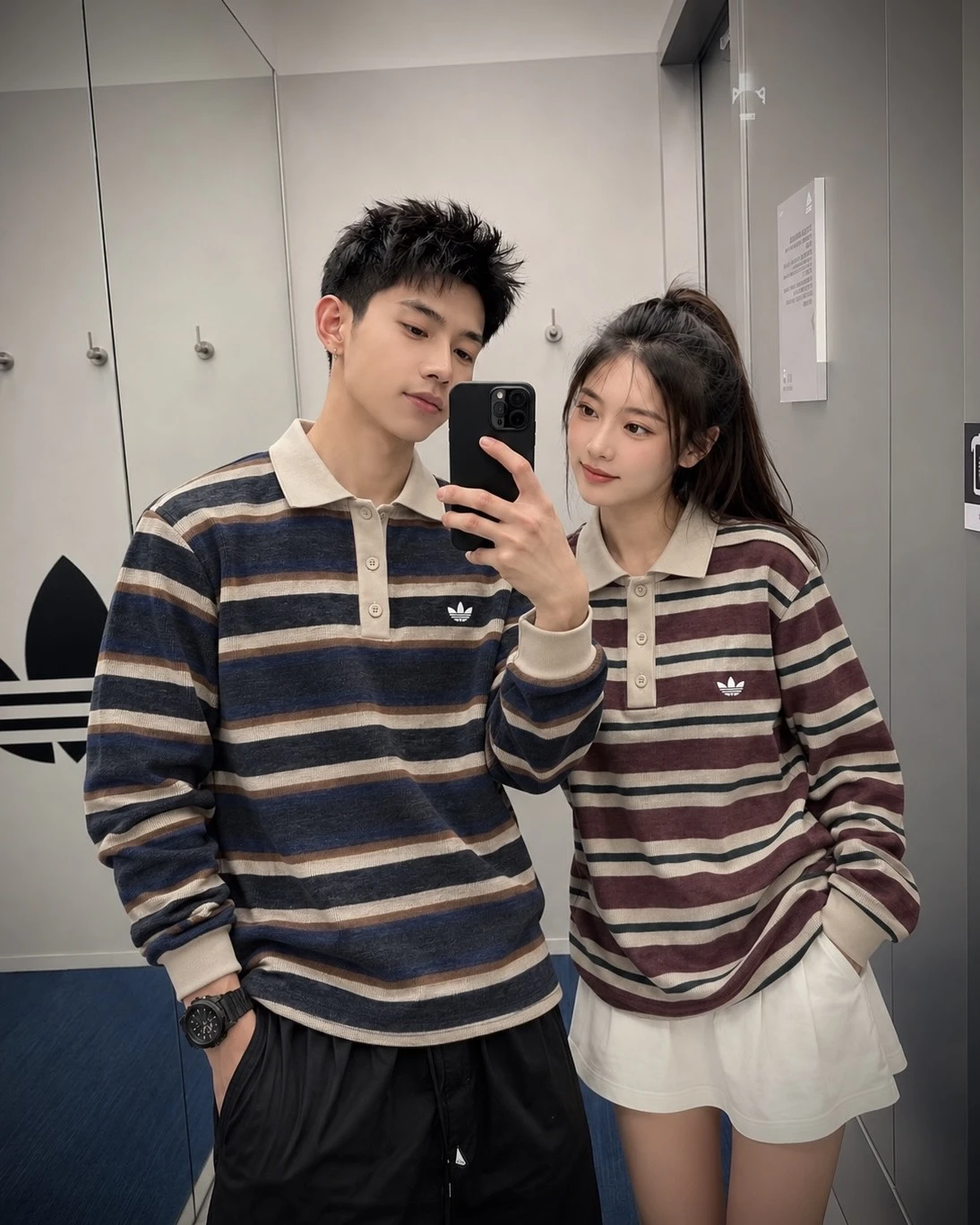 <情侶一起穿>Adidas Originals 美式復古條紋 針織長袖 POLO衫(LG3945/LG4083)