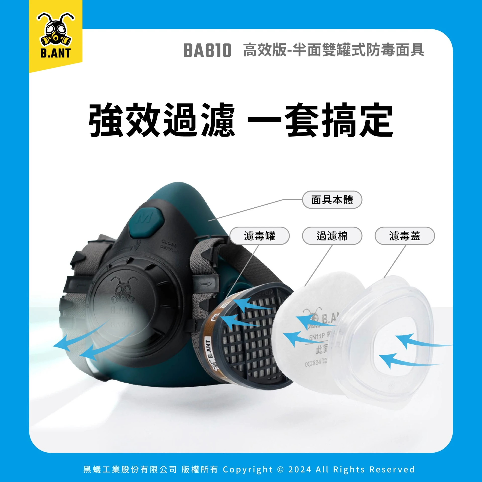 【黑蟻工業】BA810高效版-半面雙罐式防毒面具  多功能套組 汽車噴漆/農藥/化工廠通用（面罩+濾毒罐2+濾毒蓋2+過濾棉10片）