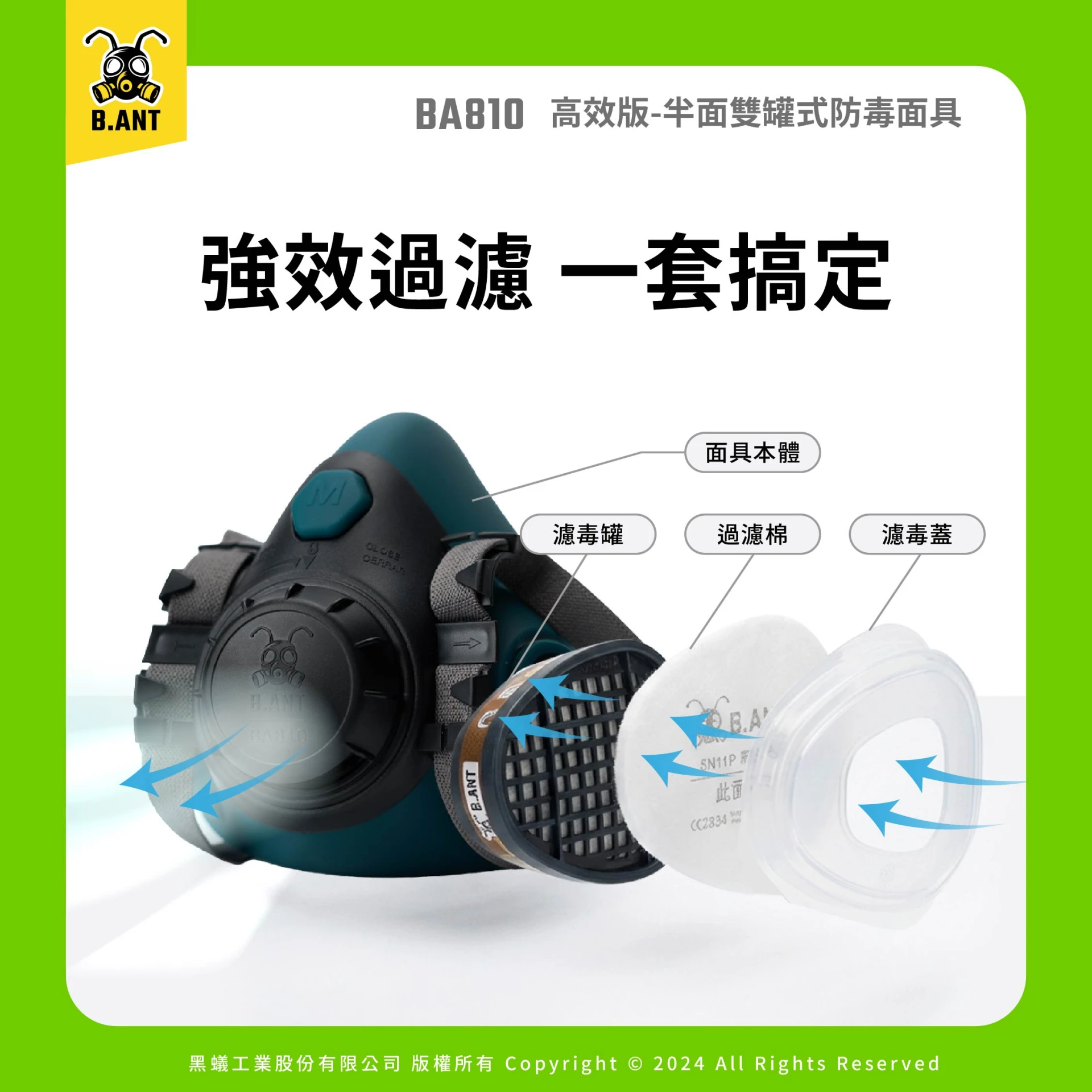 【黑蟻工業】BA810高效版 半面雙罐式防毒面具 農藥套組 農作長時佩戴舒適防護（面罩+濾毒罐2+濾毒蓋2+過濾棉10片）