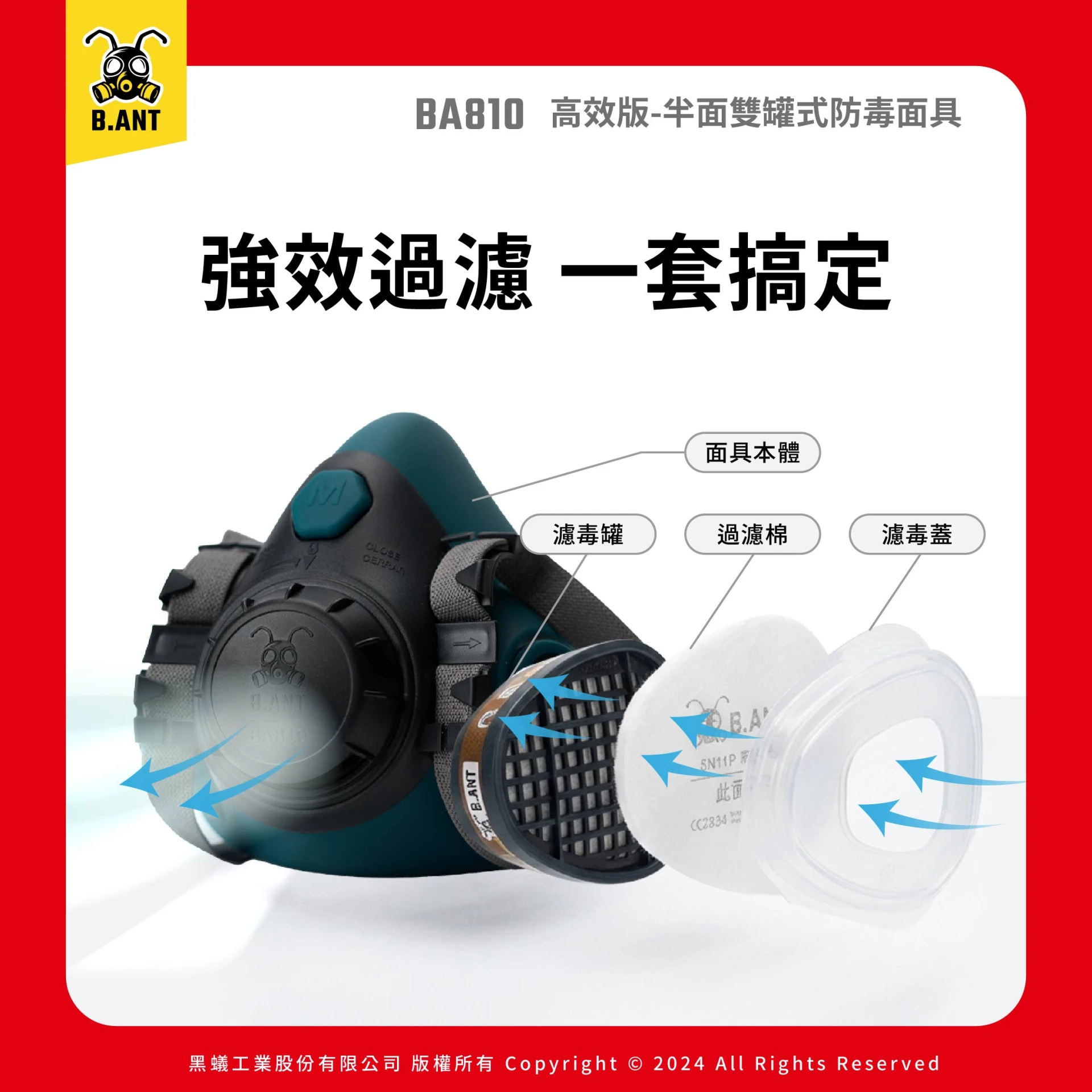 【黑蟻工業】BA810高效版 半面雙罐式防毒面具 噴漆套組 專業噴漆/油漆作業（面罩+濾毒罐2+濾毒蓋2+過濾棉10片）