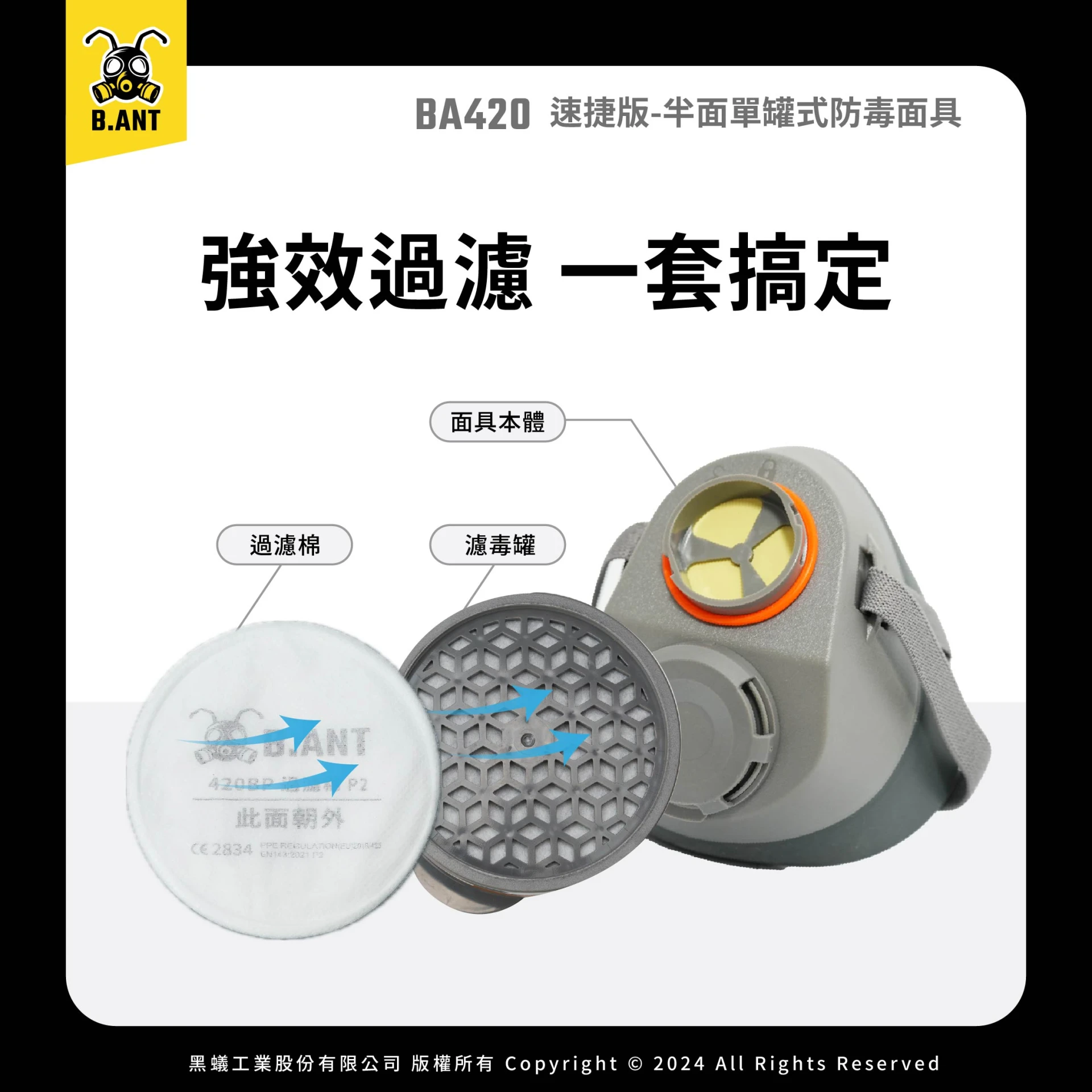 【黑蟻工業】BA420速捷版 半面單罐式防毒面具｜適合短時DIY/輕度防護