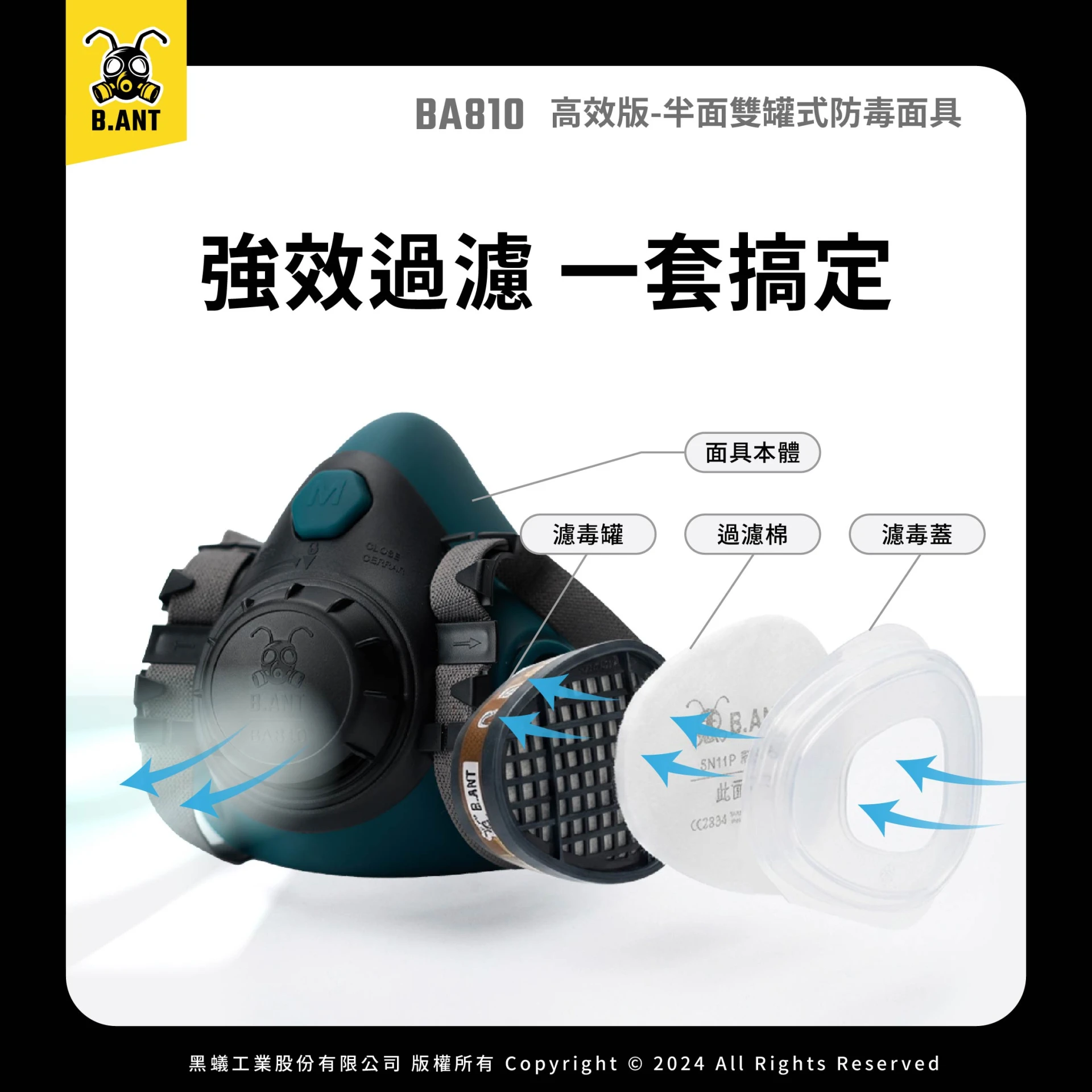 【黑蟻工業】 BA810高效版 半面雙罐式防毒面具 S/M/L｜適合長時佩戴