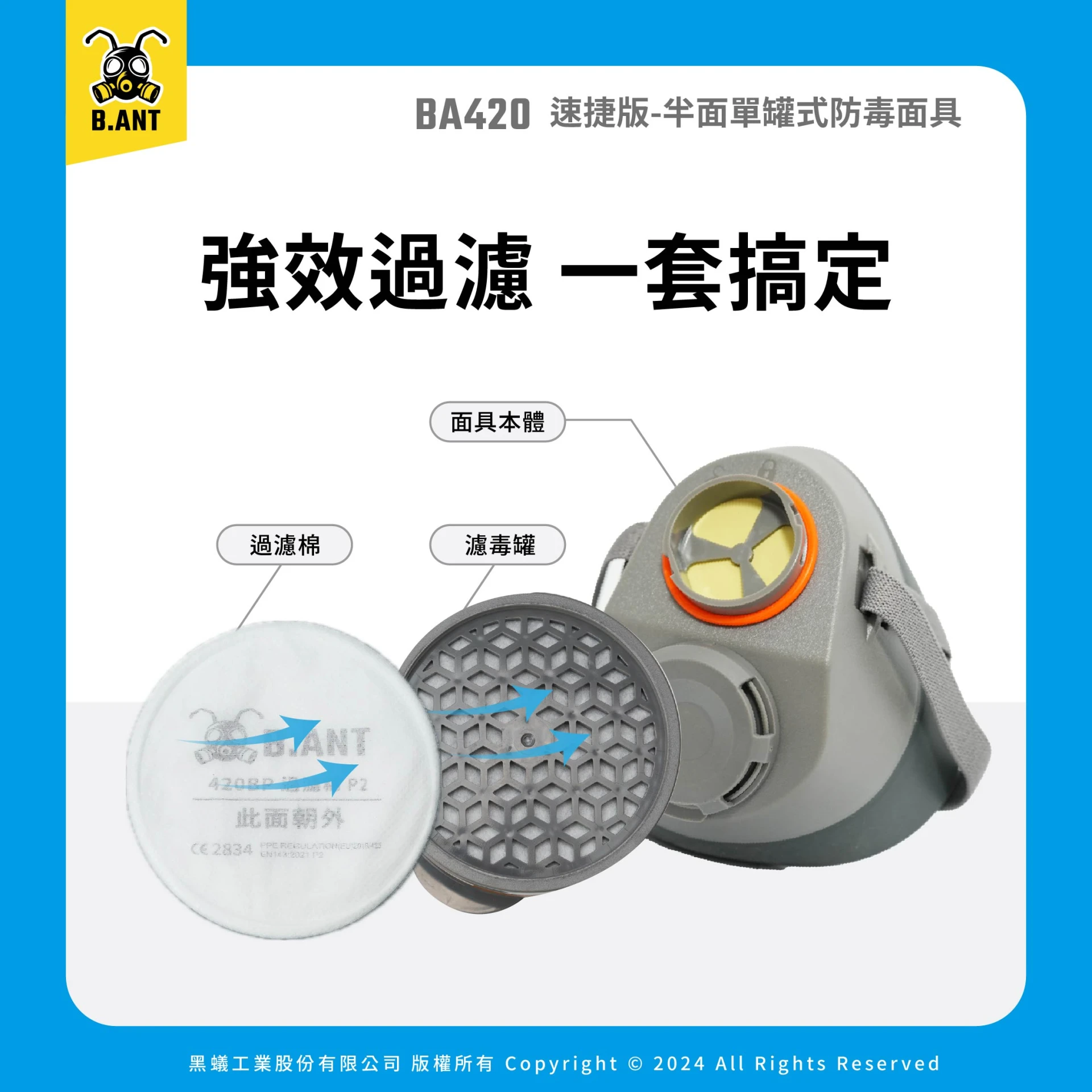 【黑蟻工業】BA420速捷版 半面單罐式防毒面具 多功能套組 多樣化學氣體工作者（面罩+濾毒罐+過濾棉10片）