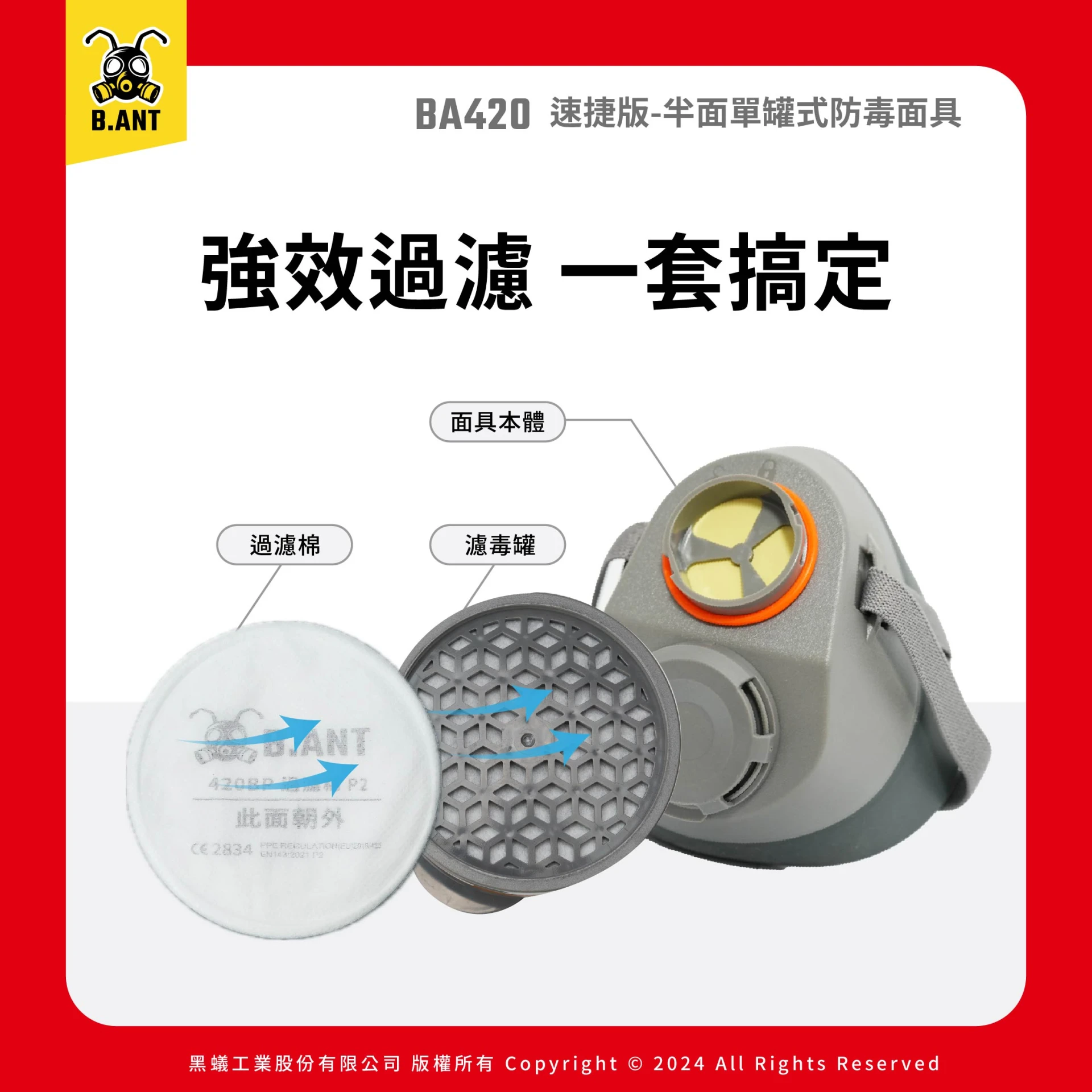 【黑蟻工業】BA420速捷版 半面單罐式防毒面具 噴漆套組 居家補漆/防水修繕（面罩+濾毒罐+濾毒蓋+過濾棉*10）