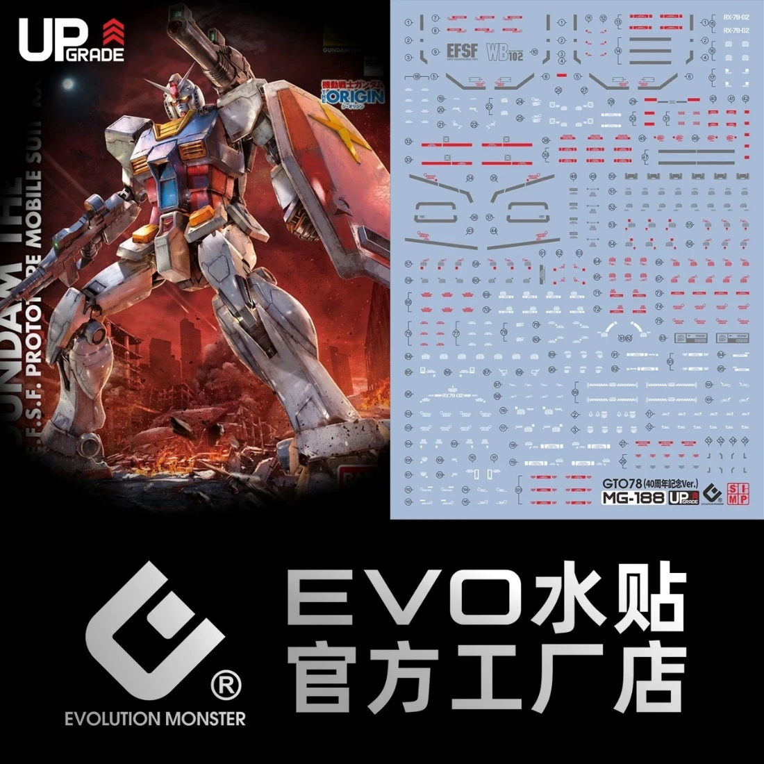 EVO MG 專用水貼 1/100 RX-78-2 鋼彈 初鋼 The Origin Ver. 40周年紀念版 螢光水貼