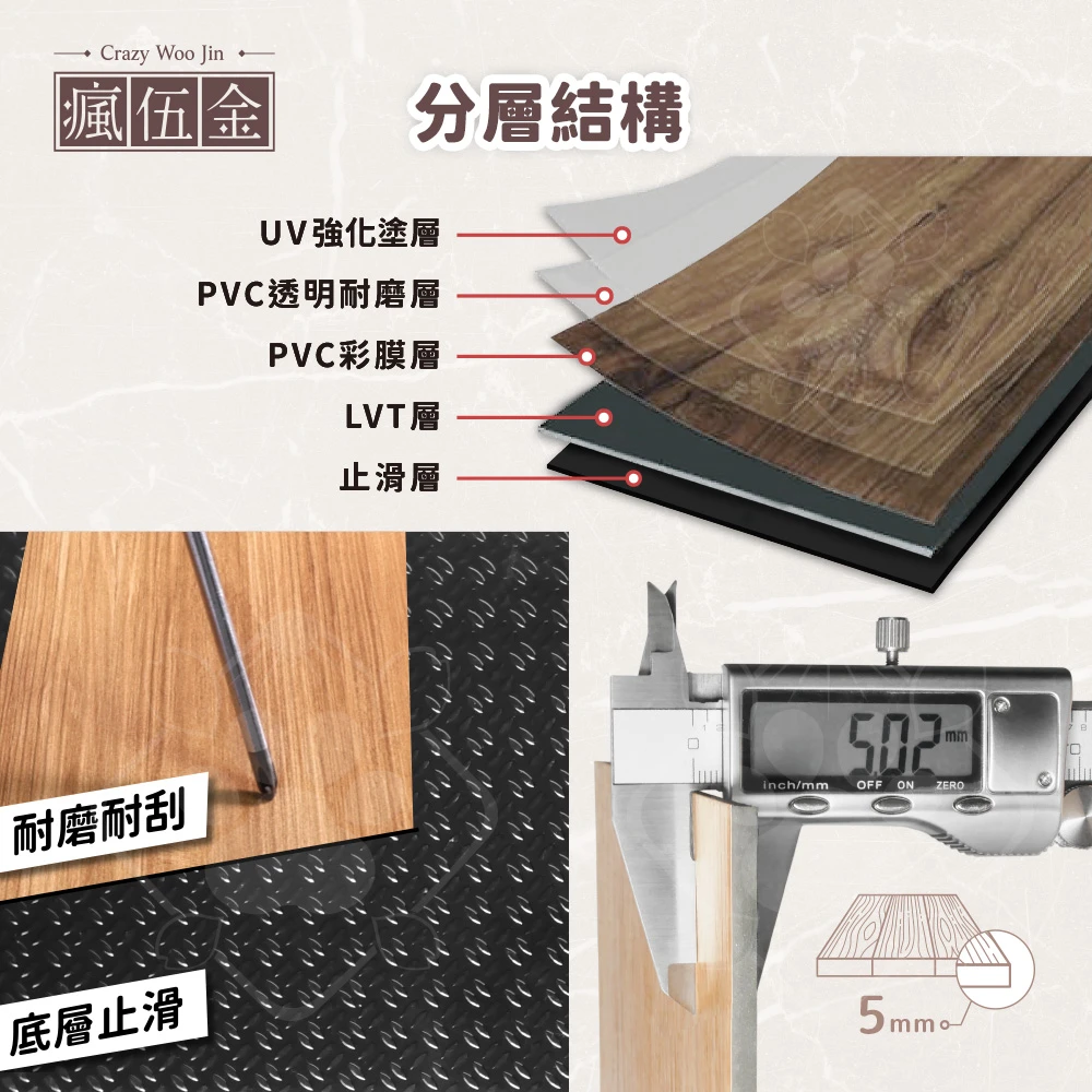 LVT免膠地板五層結構圖解與傳統地板差異