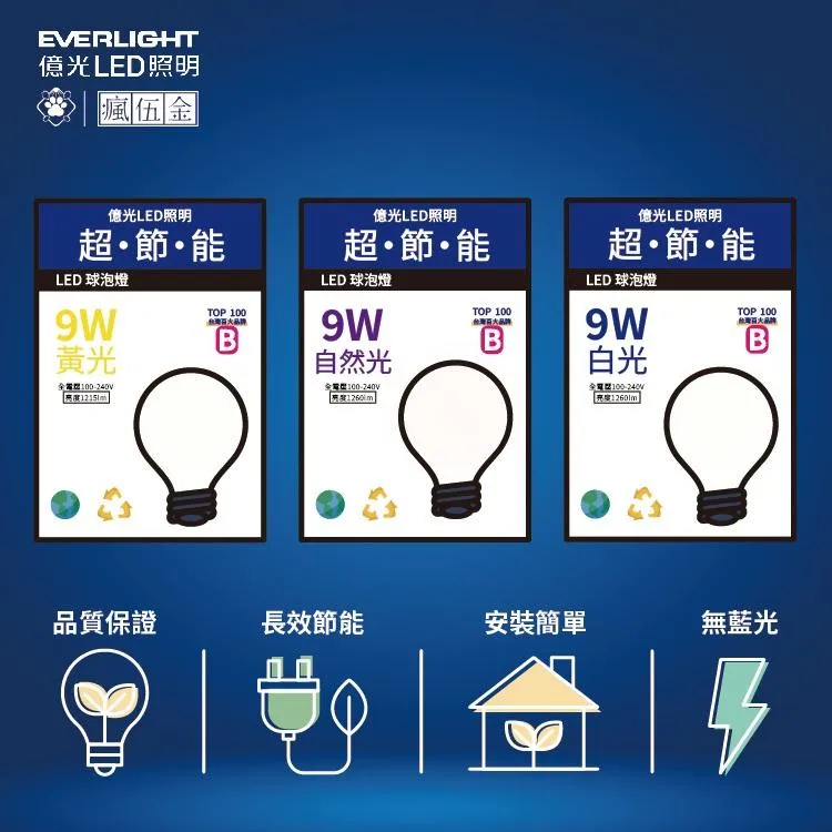 億光 9W LED燈泡 白光 黃光 自然光 E27球泡 燈泡 節能 省電 無藍光危害
