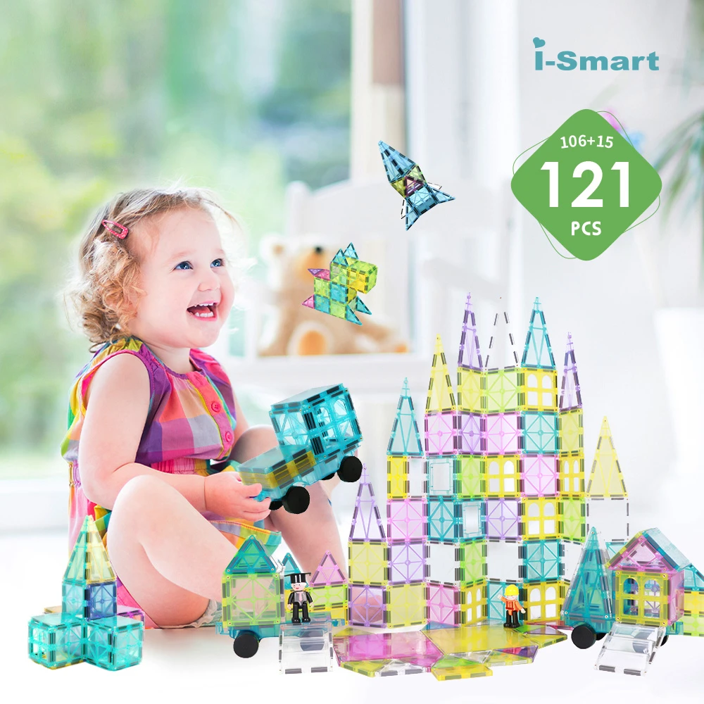 【i-Smart】豪華彩色透光磁力積木片121件組(106+15配件含收納盒)