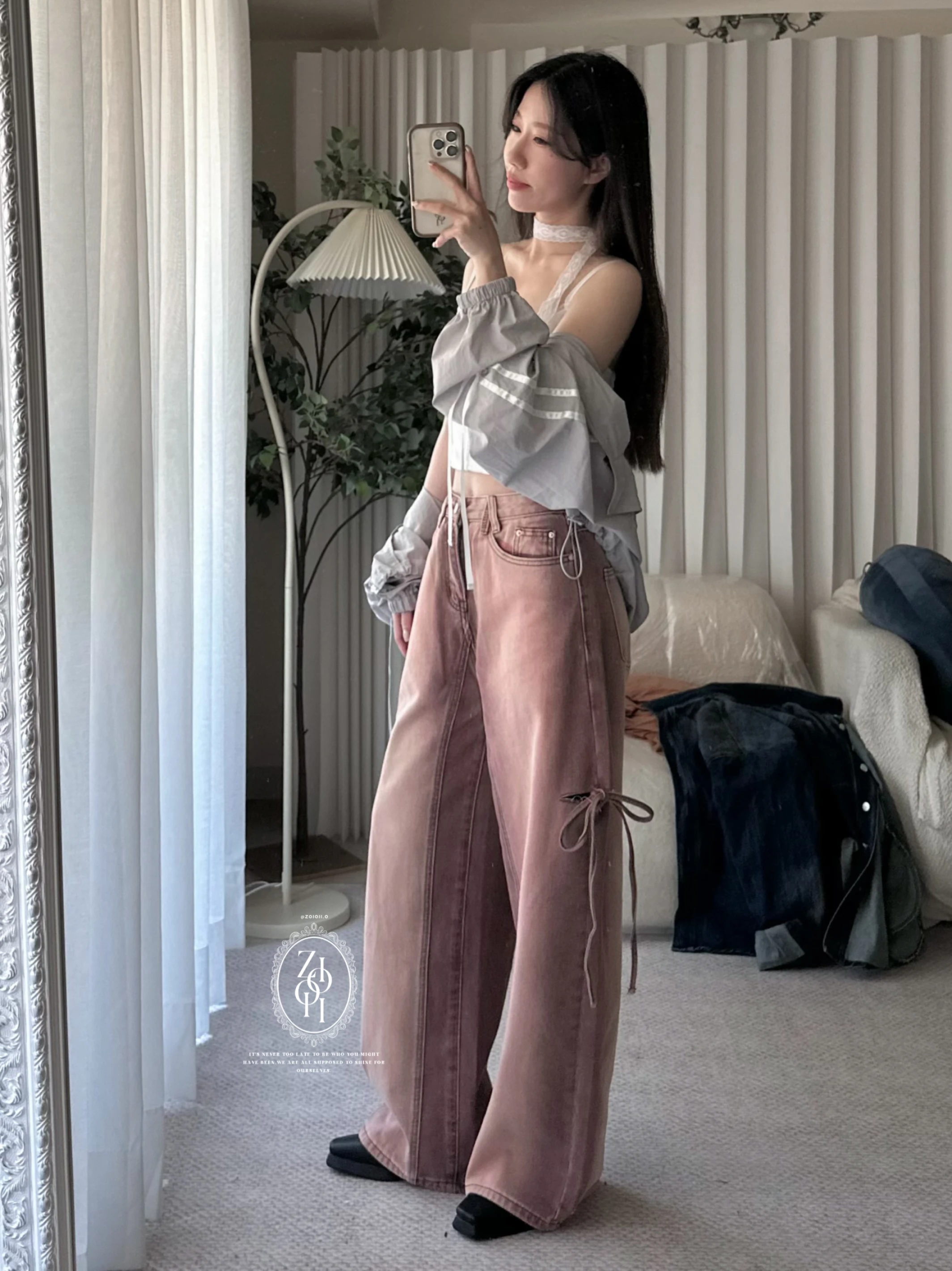 🎀漸層顯瘦側破綁帶丹寧直筒褲