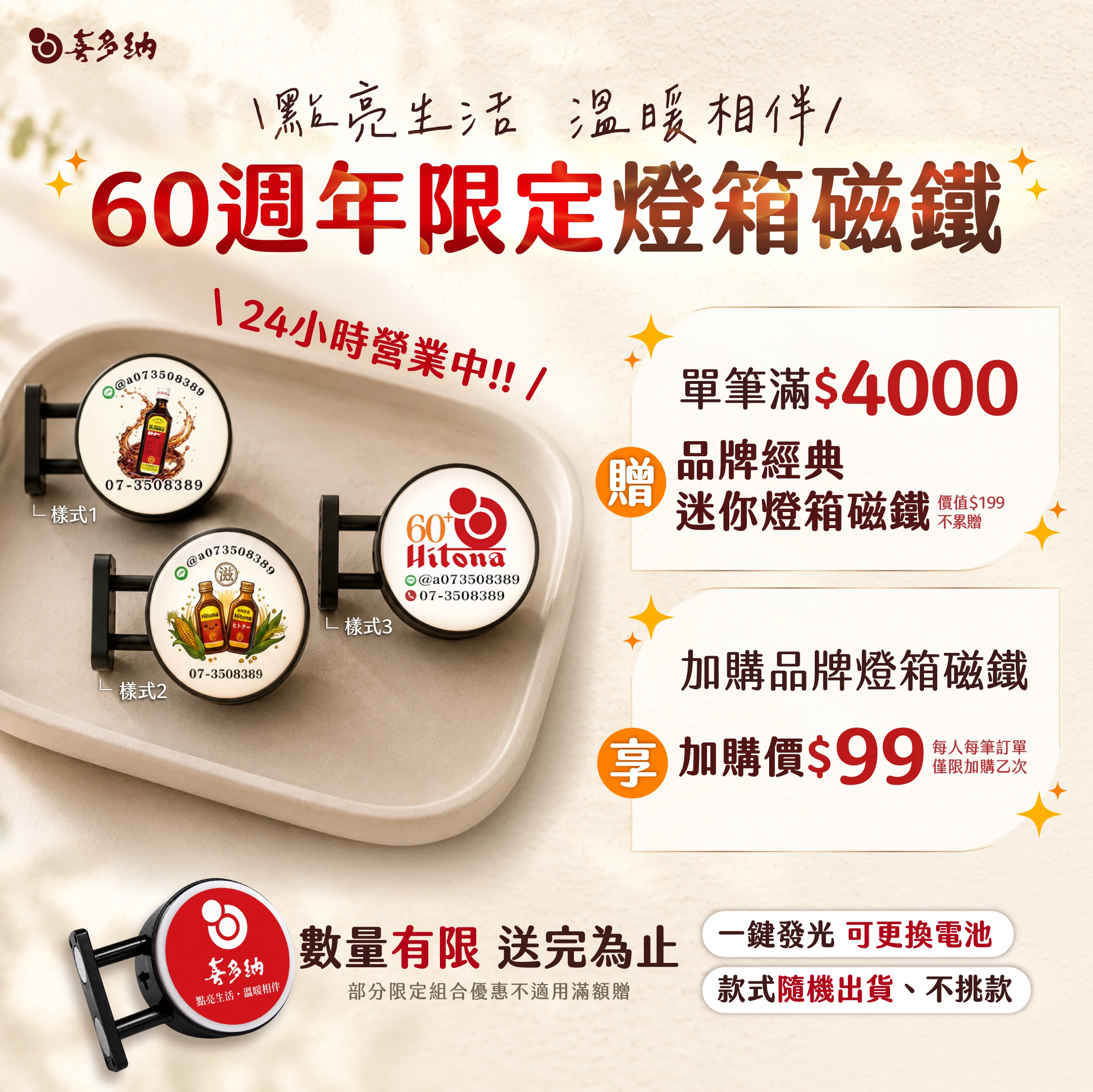 喜多納60+周年紀念燈箱磁鐵限量發送中！
